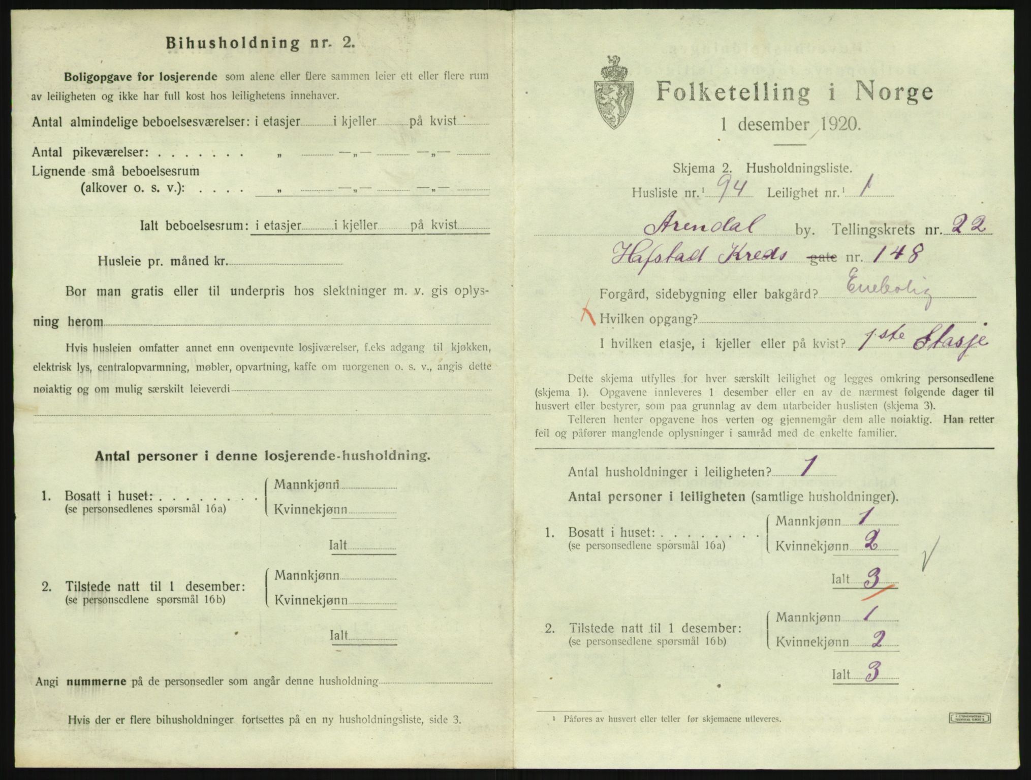 SAK, 1920 census for Arendal, 1920, p. 8816