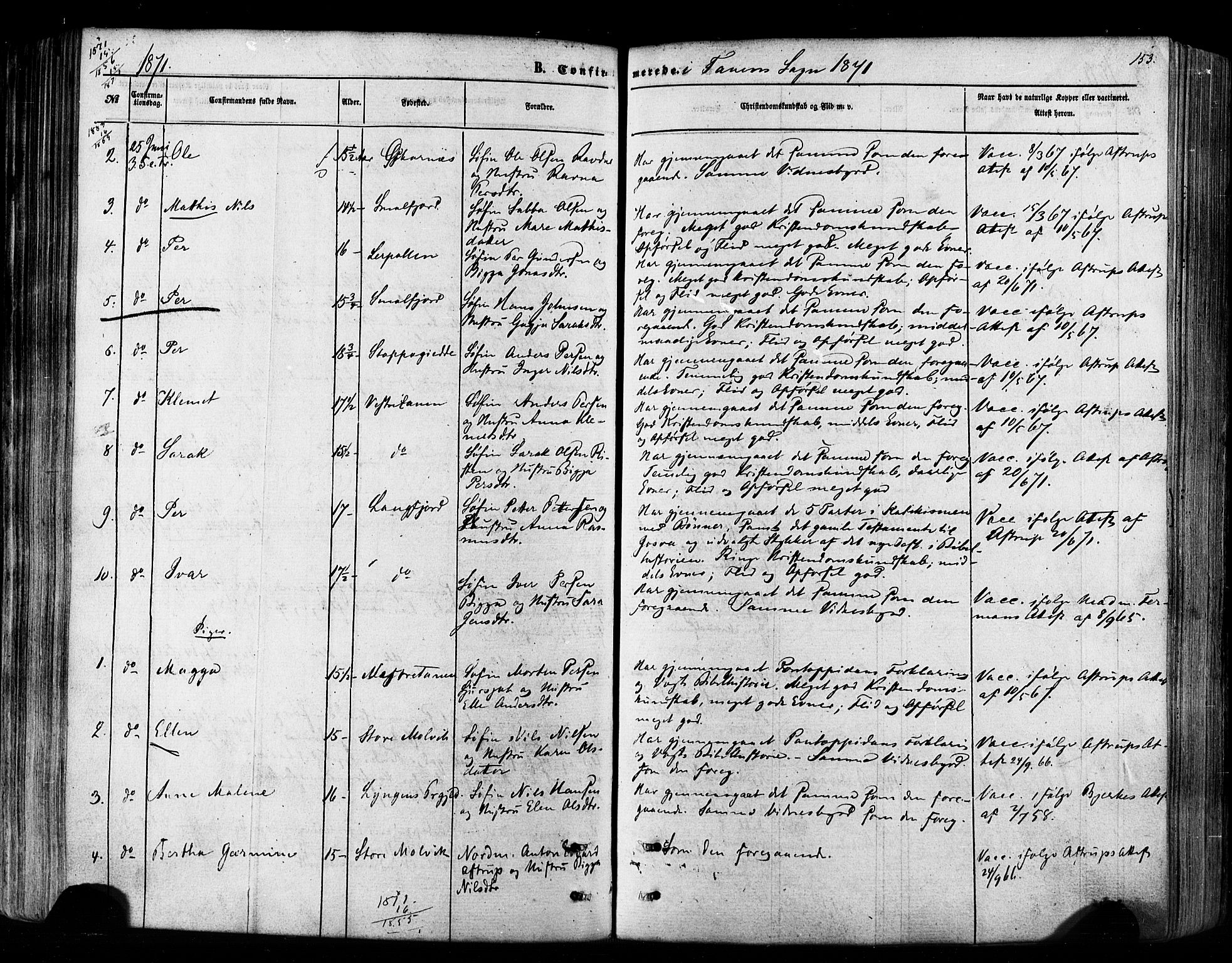 Tana sokneprestkontor, SATØ/S-1334/H/Ha/L0002kirke: Parish register (official) no. 2 /1, 1861-1877, p. 153