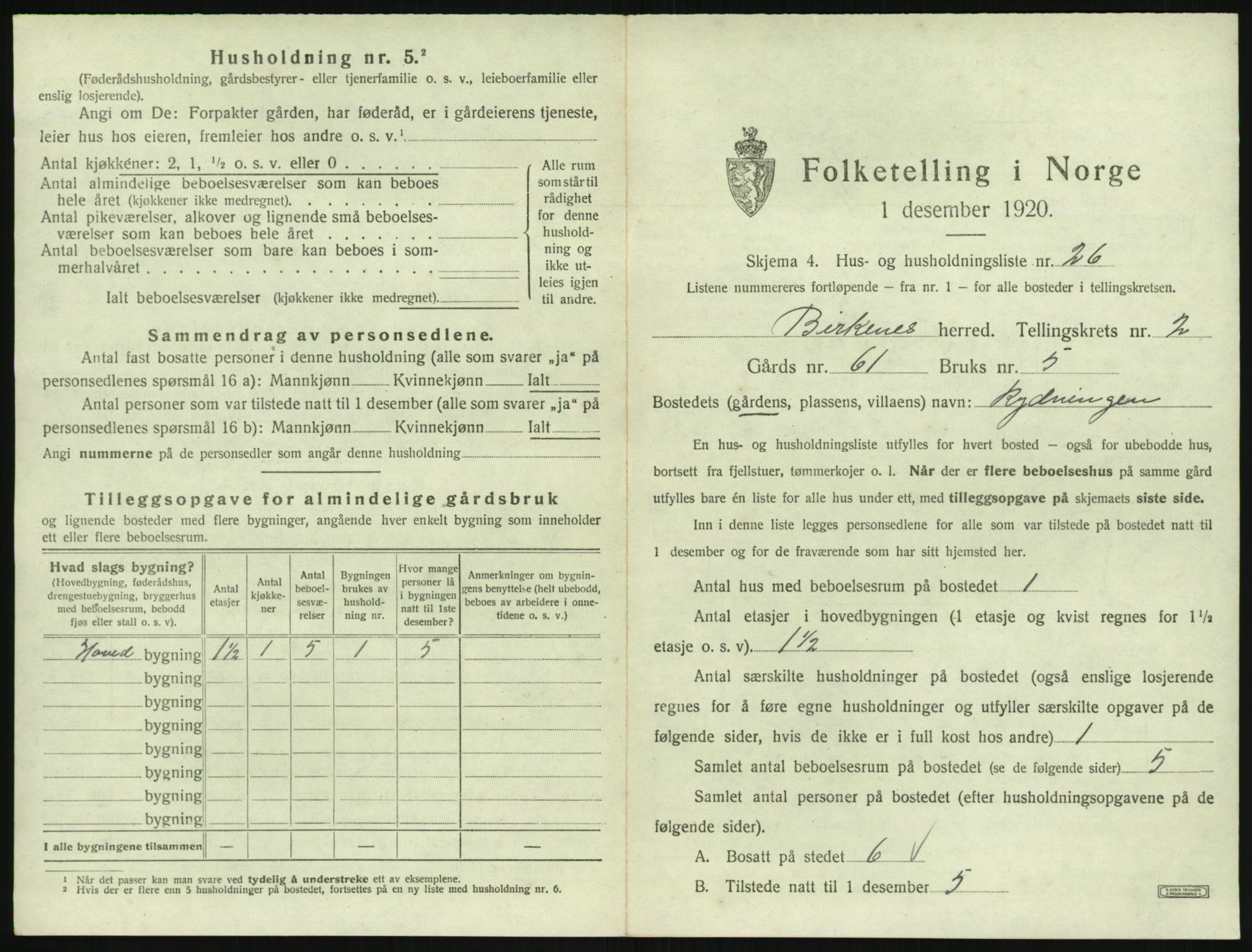 SAK, 1920 census for Birkenes, 1920, p. 139