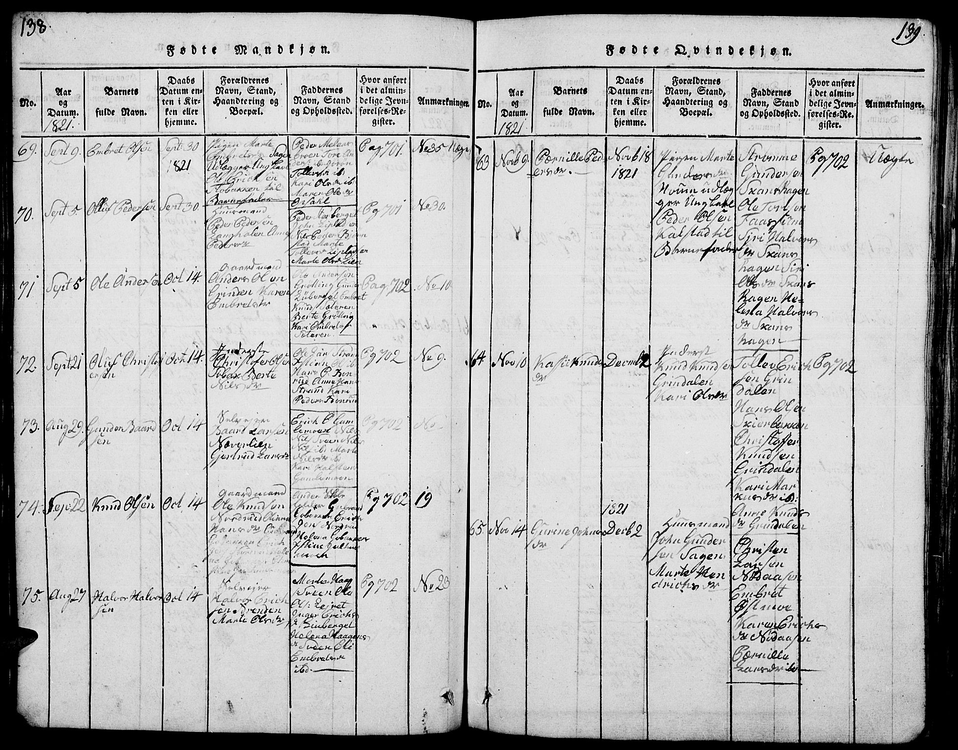 Elverum prestekontor, AV/SAH-PREST-044/H/Ha/Hab/L0001: Parish register (copy) no. 1, 1815-1829, p. 138-139