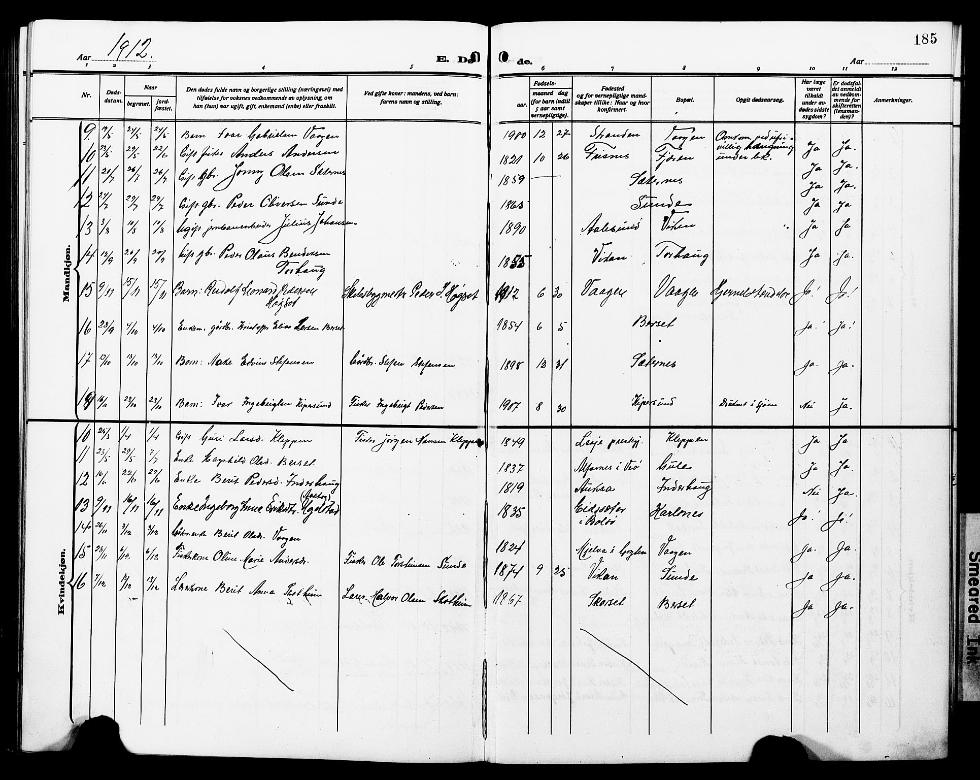 Ministerialprotokoller, klokkerbøker og fødselsregistre - Møre og Romsdal, SAT/A-1454/566/L0774: Parish register (copy) no. 566C03, 1910-1929, p. 185