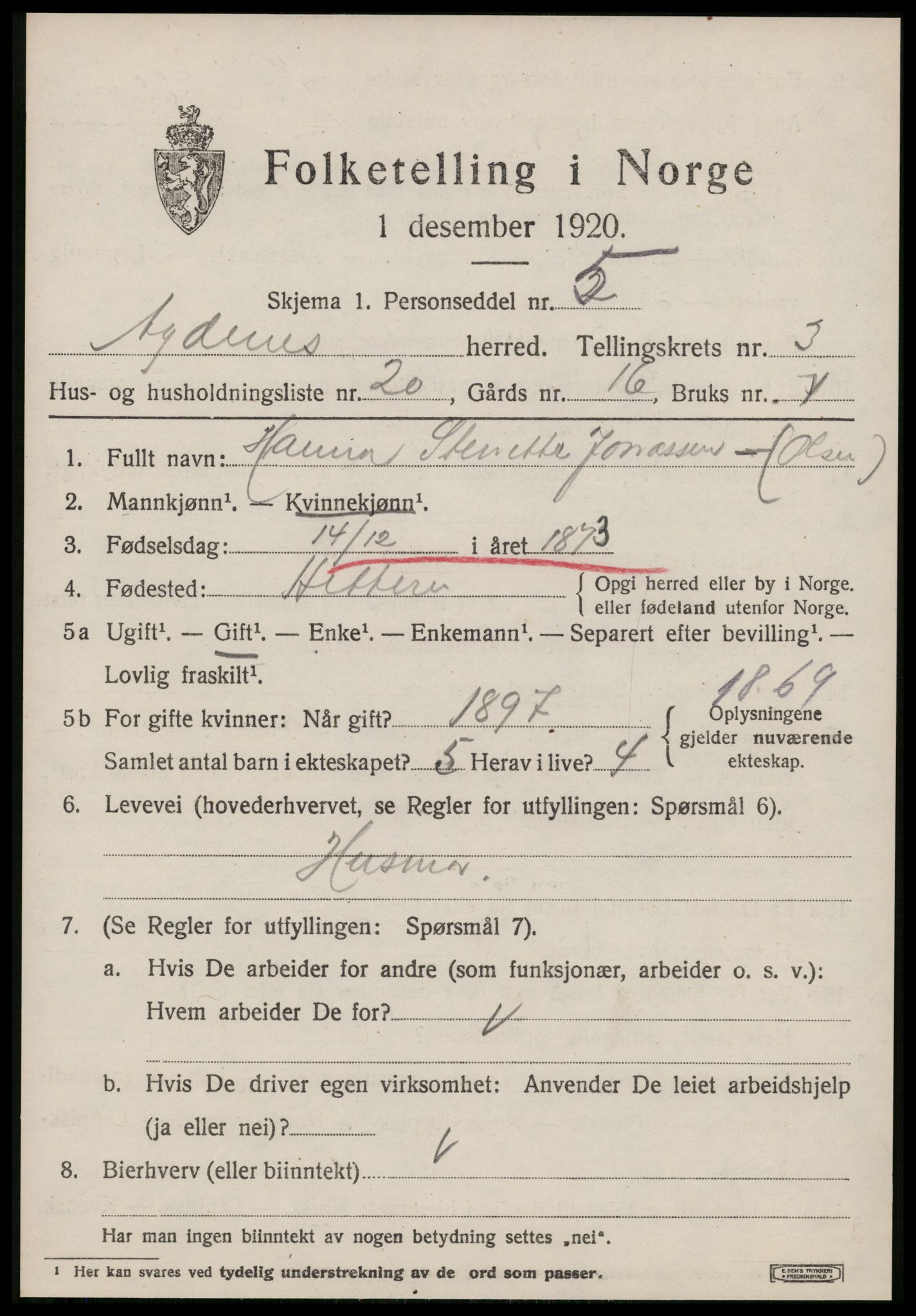 SAT, 1920 census for Agdenes, 1920, p. 2023