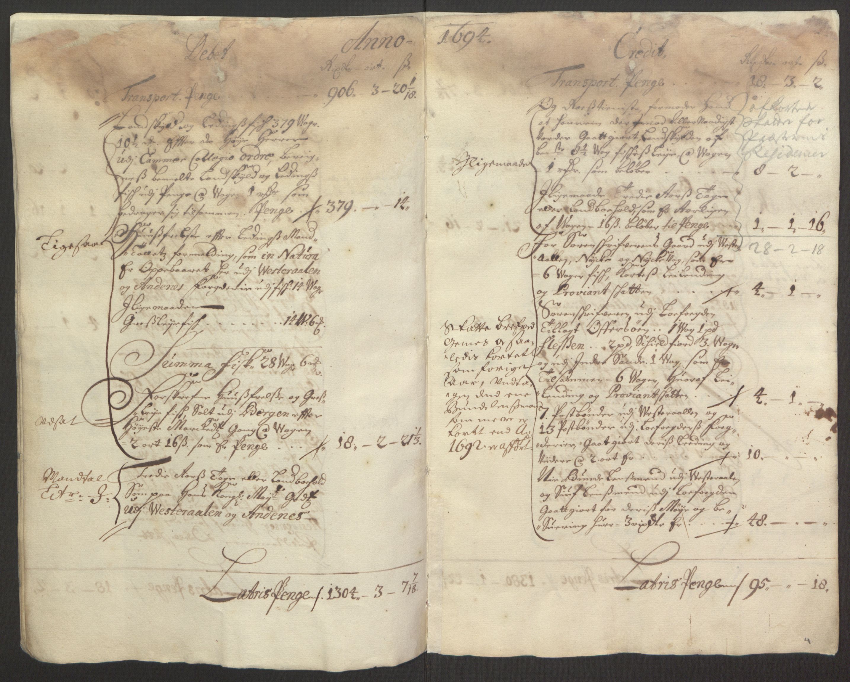 Rentekammeret inntil 1814, Reviderte regnskaper, Fogderegnskap, RA/EA-4092/R67/L4677: Fogderegnskap Vesterålen, Andenes og Lofoten, 1694-1695, p. 8