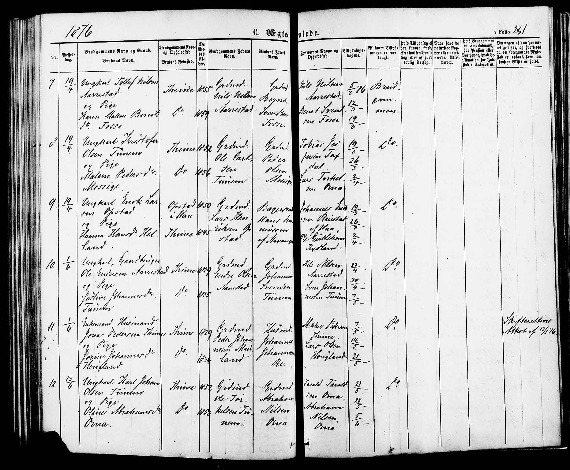 Lye sokneprestkontor, SAST/A-101794/001/30BA/L0008: Parish register (official) no. A 7, 1872-1881, p. 261