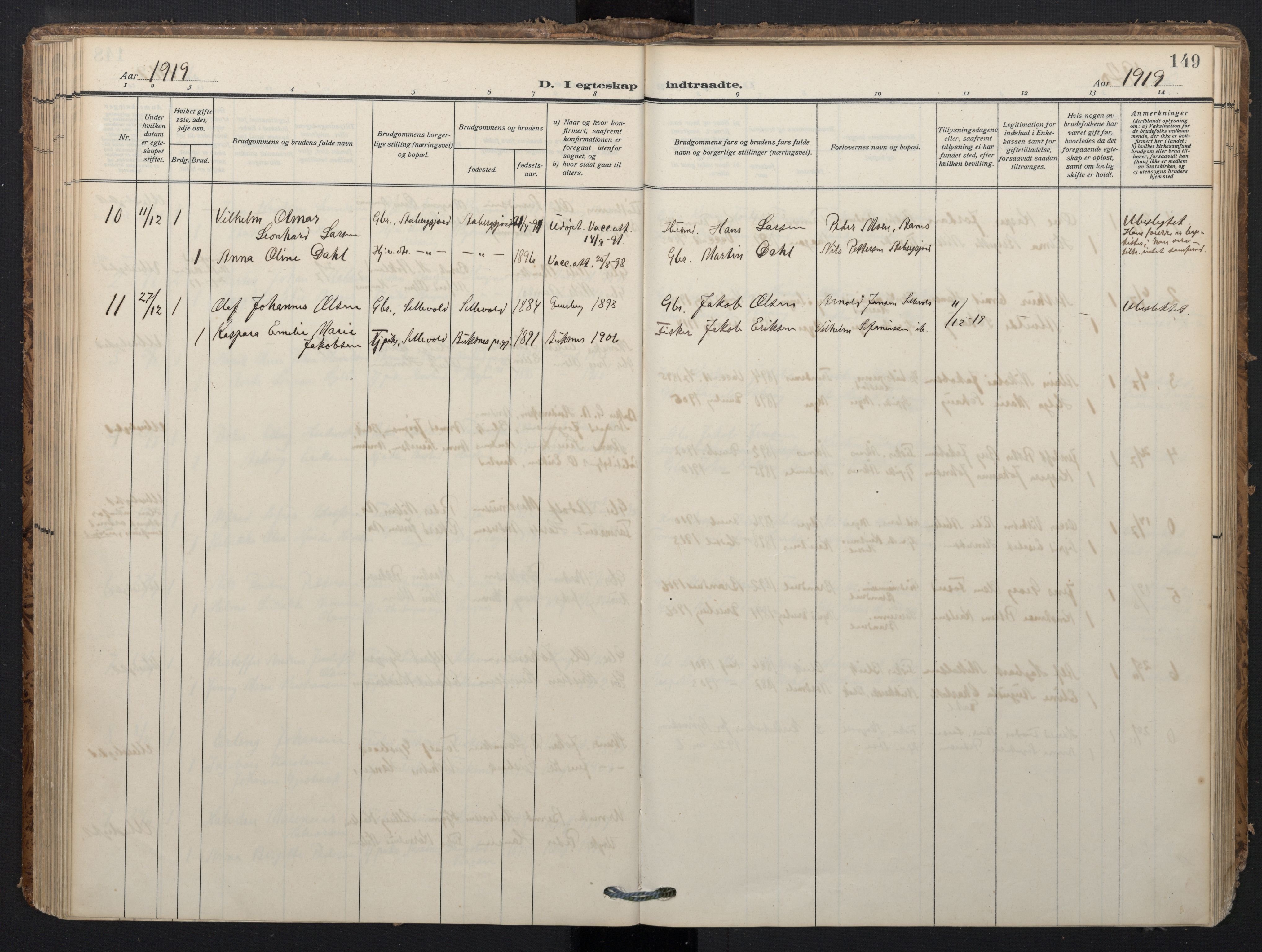 Ministerialprotokoller, klokkerbøker og fødselsregistre - Nordland, AV/SAT-A-1459/897/L1401: Parish register (official) no. 897A08, 1909-1921, p. 149