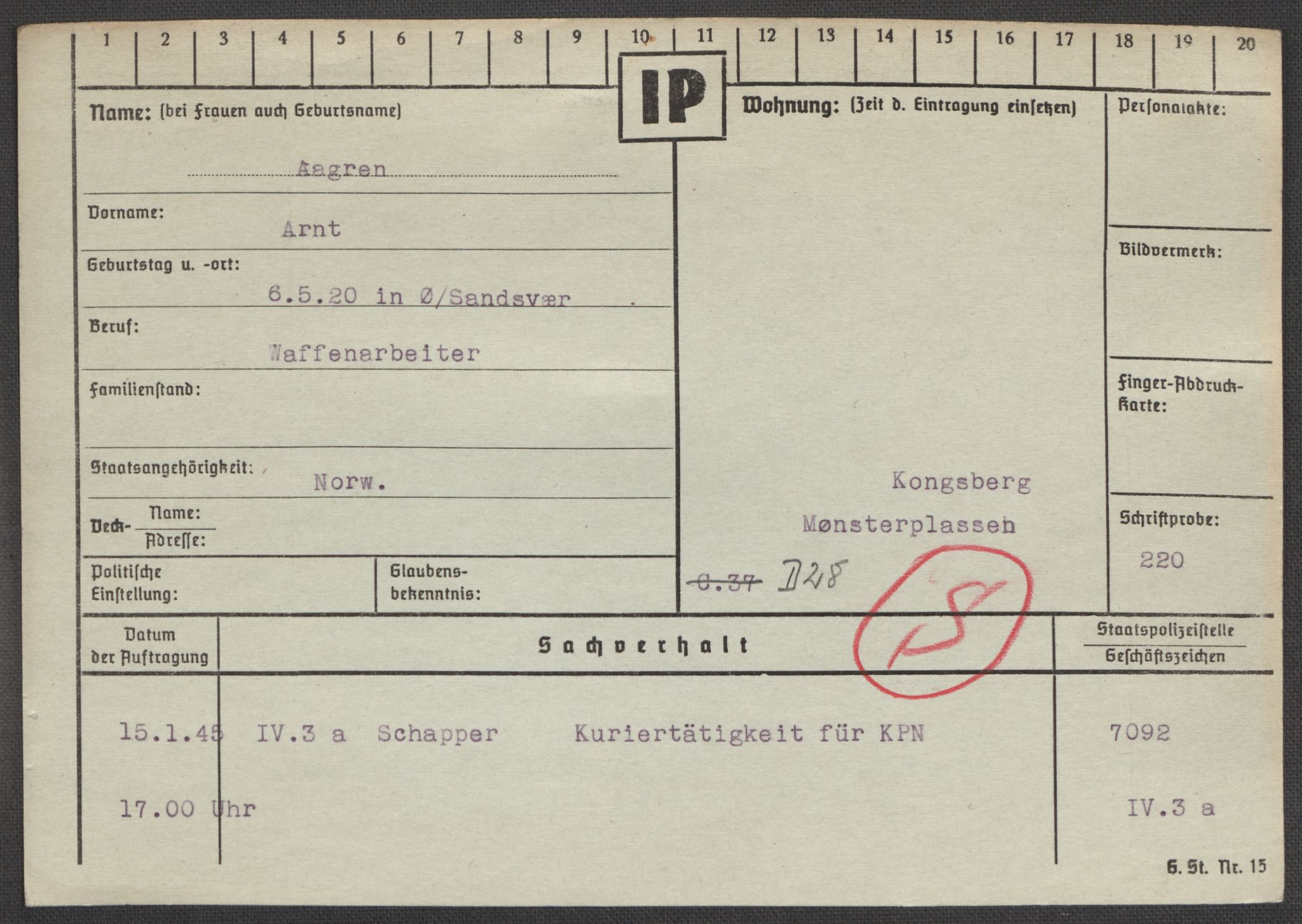 Befehlshaber der Sicherheitspolizei und des SD, RA/RAFA-5969/E/Ea/Eaa/L0010: Register over norske fanger i Møllergata 19: Sø-Å, 1940-1945, p. 1380
