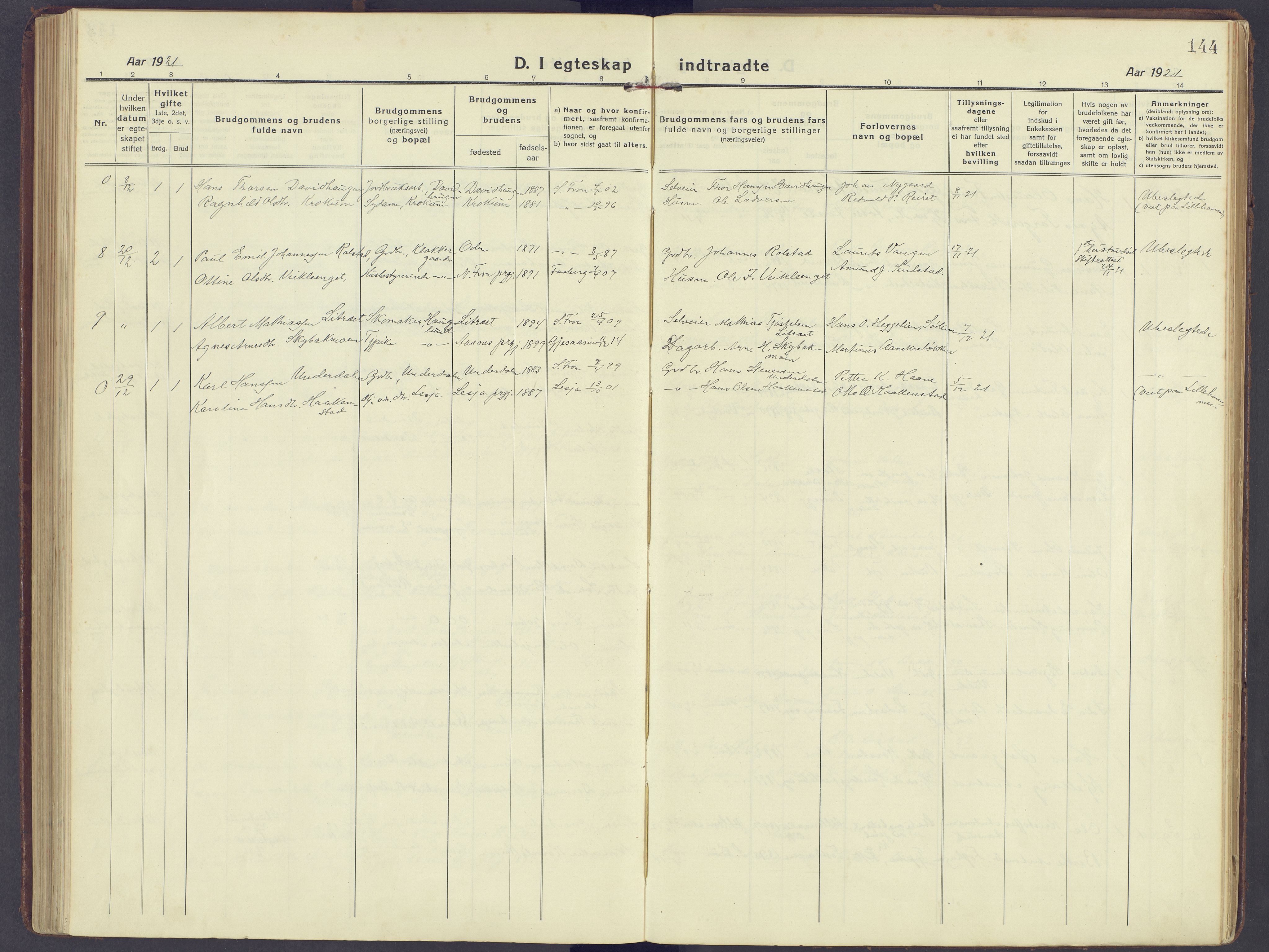 Sør-Fron prestekontor, AV/SAH-PREST-010/H/Ha/Haa/L0005: Parish register (official) no. 5, 1920-1933, p. 144