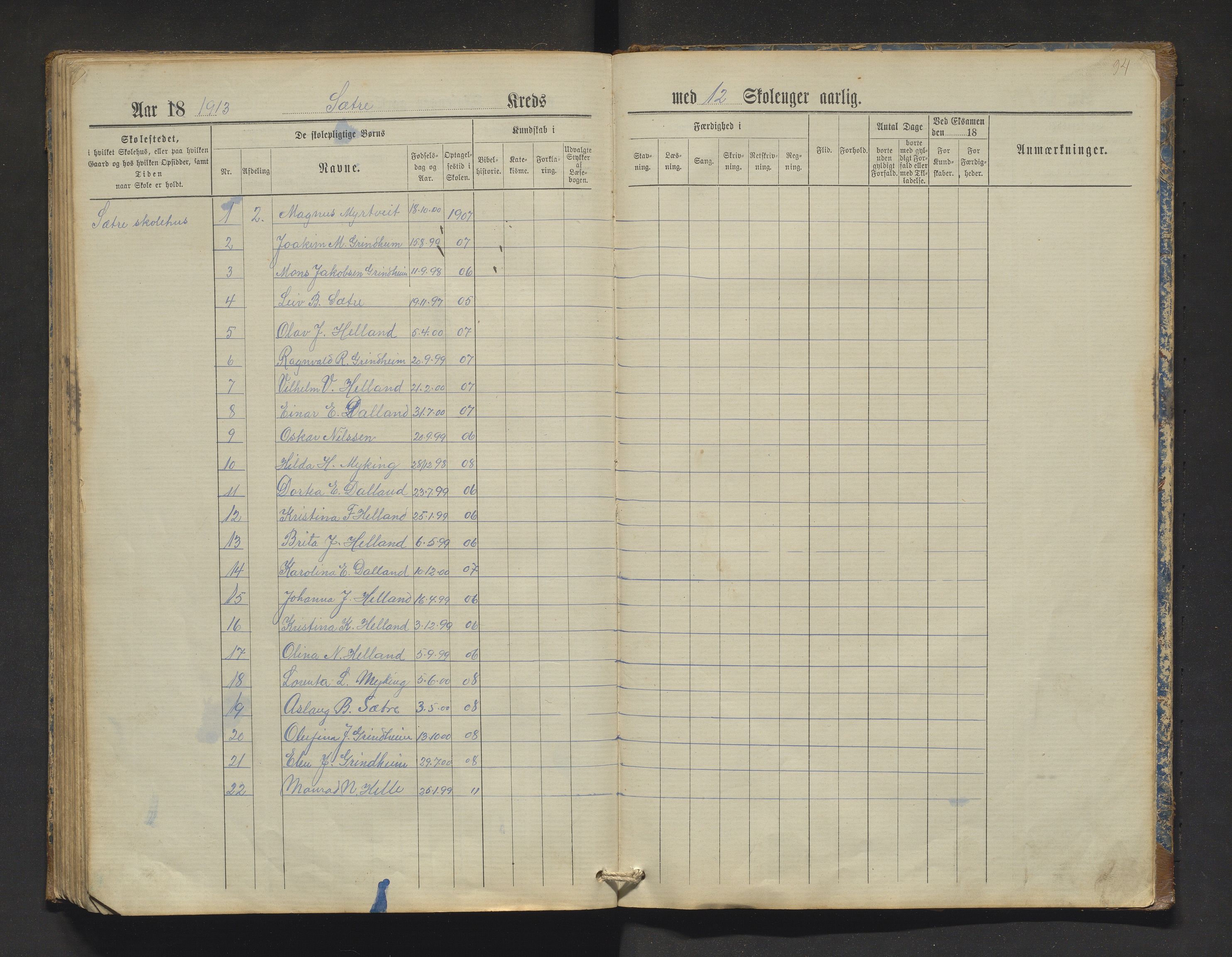 Manger kommune. Barneskulane, IKAH/1261-231/F/Fa/L0002: Skuleprotokoll for Toska, Manger, Dalland, Lilletvedt, Sætre og Helle krinsar , 1882-1916, p. 94