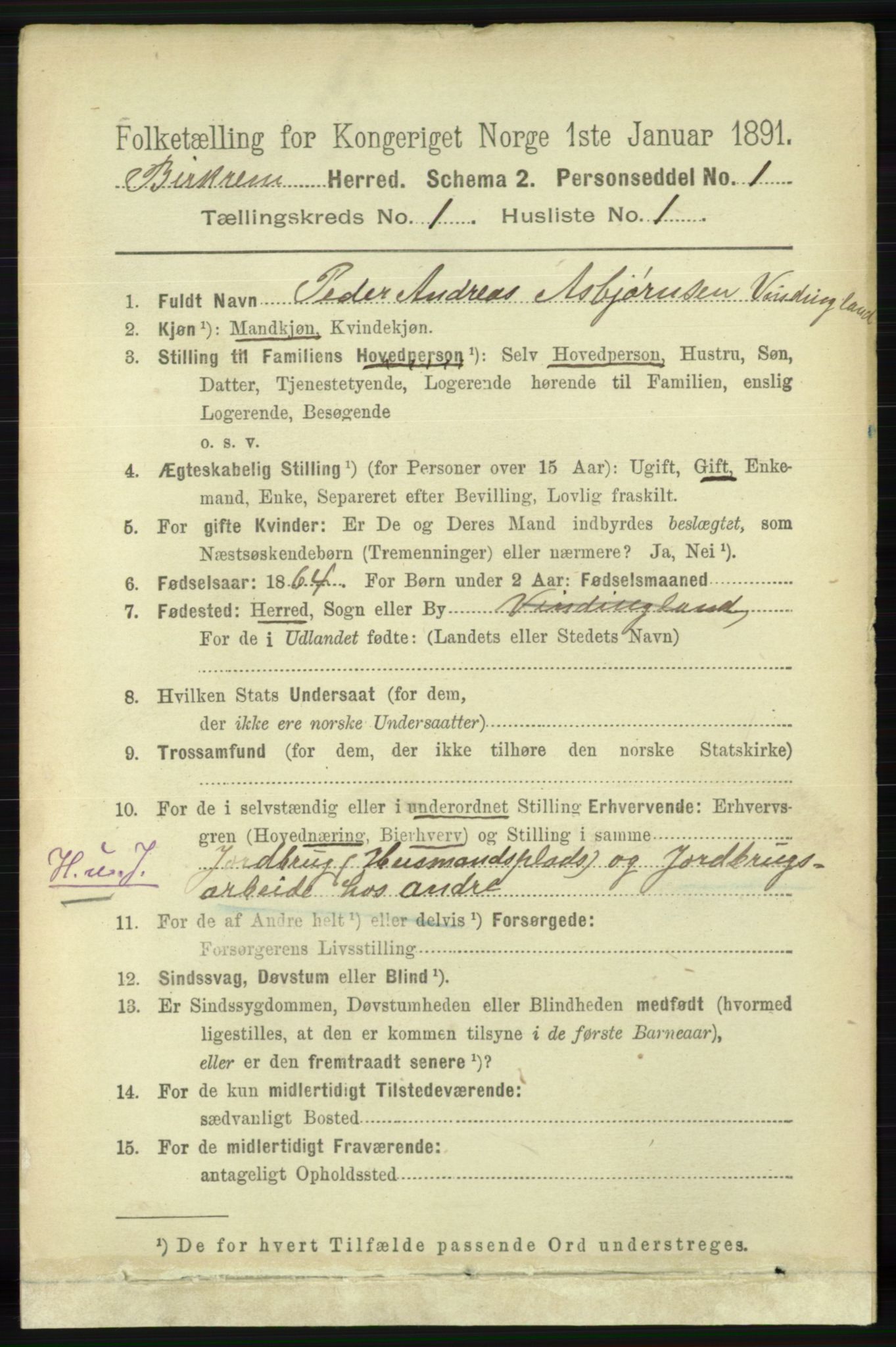 RA, 1891 census for 1114 Bjerkreim, 1891, p. 95