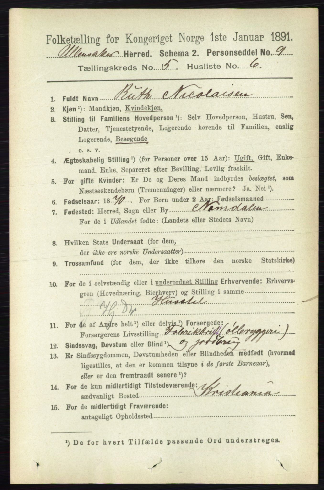 RA, 1891 census for 0235 Ullensaker, 1891, p. 2136