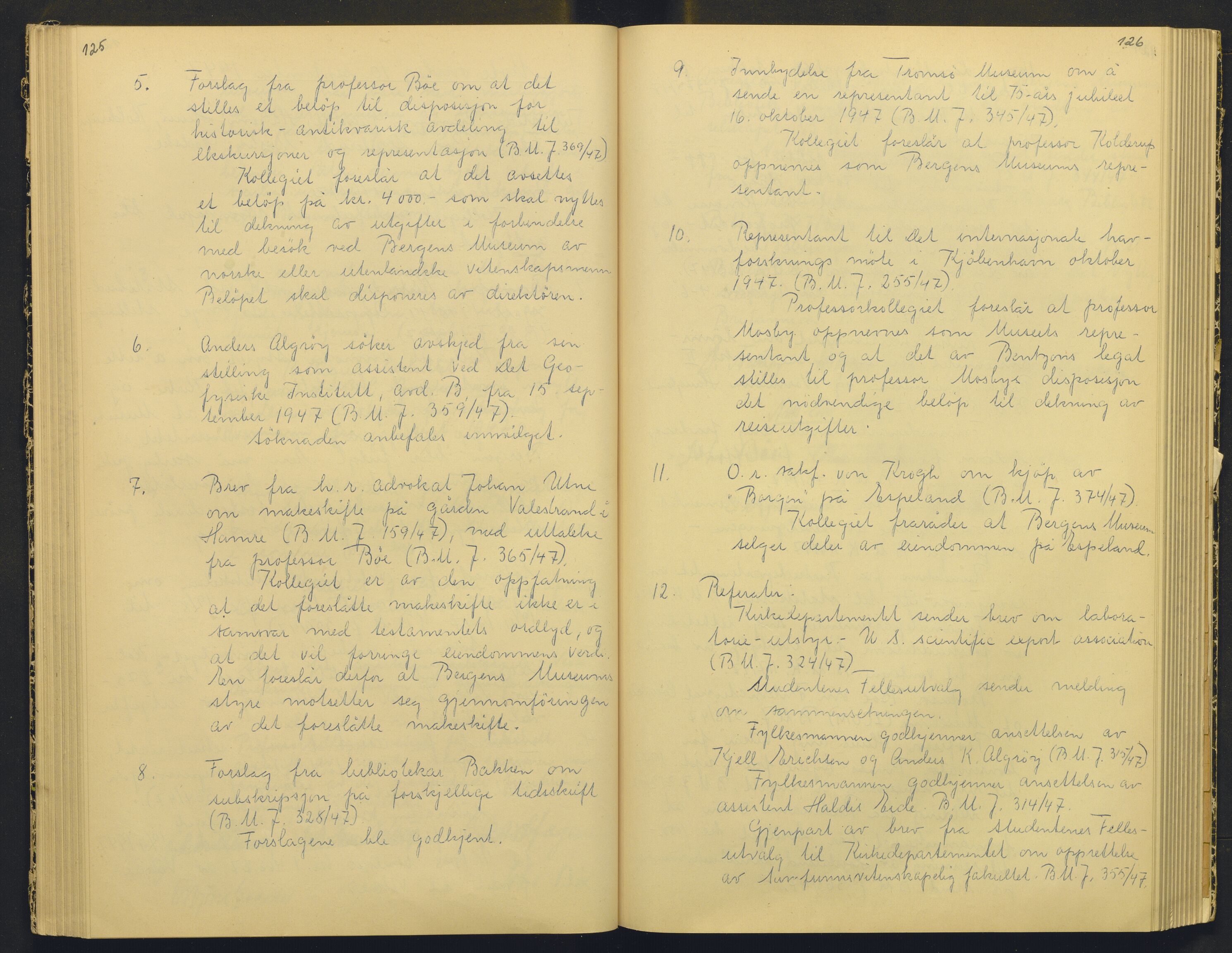 Bergens Museum, AV/SAB-A-17301/18/A/L0004: Professorkollegiets møtebok med register , 1945-1949, p. 125-126
