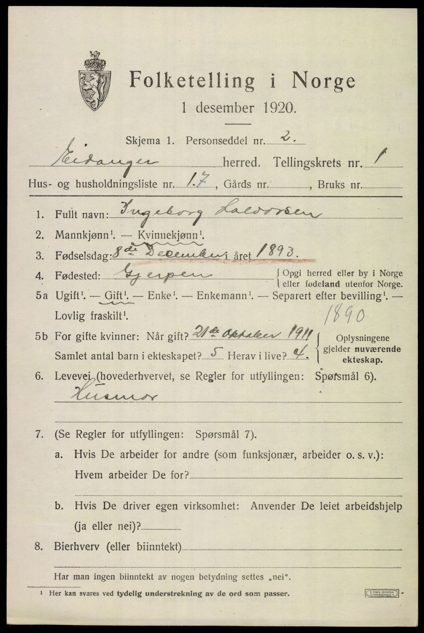 SAKO, 1920 census for Eidanger, 1920, p. 1816