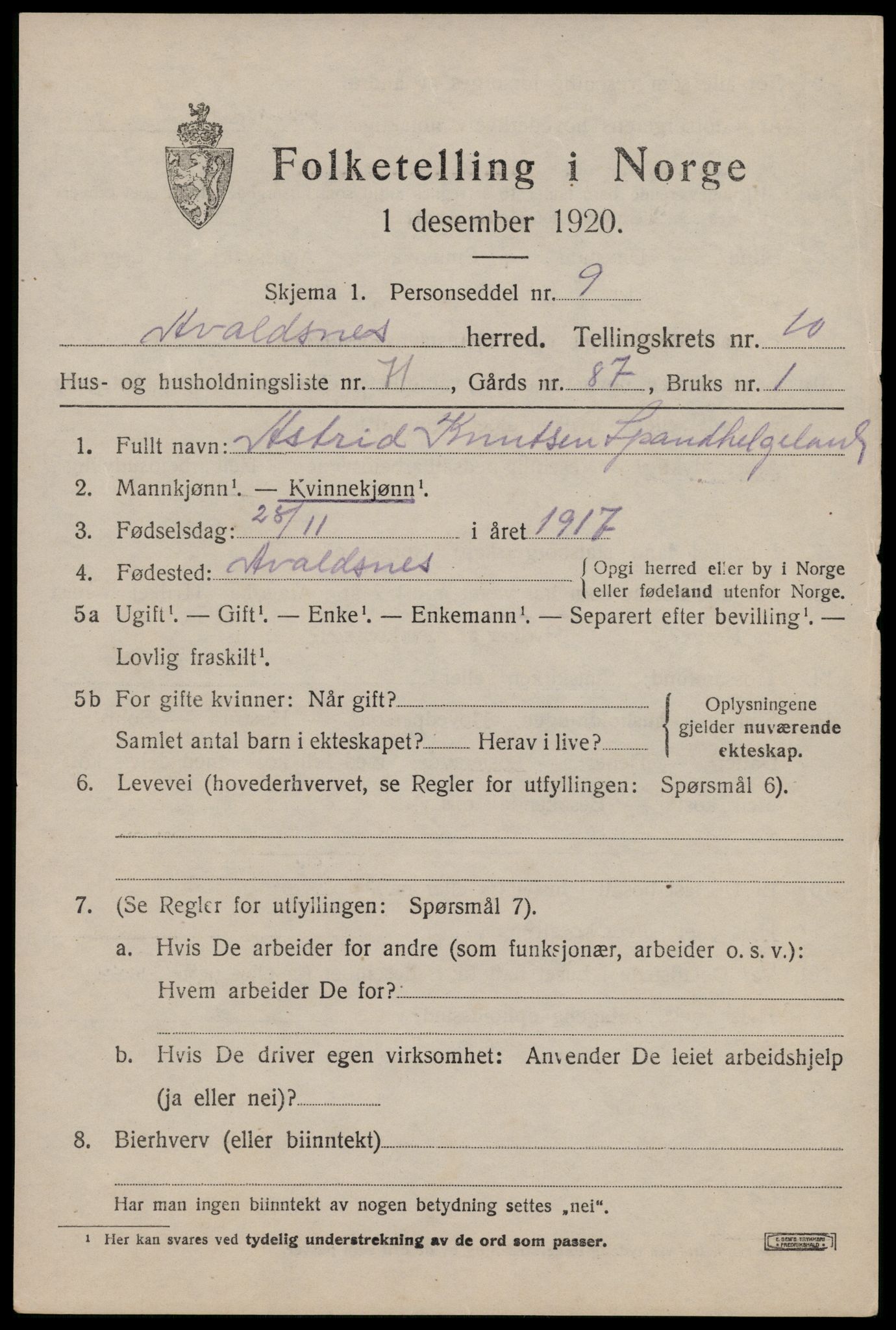 SAST, 1920 census for Avaldsnes, 1920, p. 8169