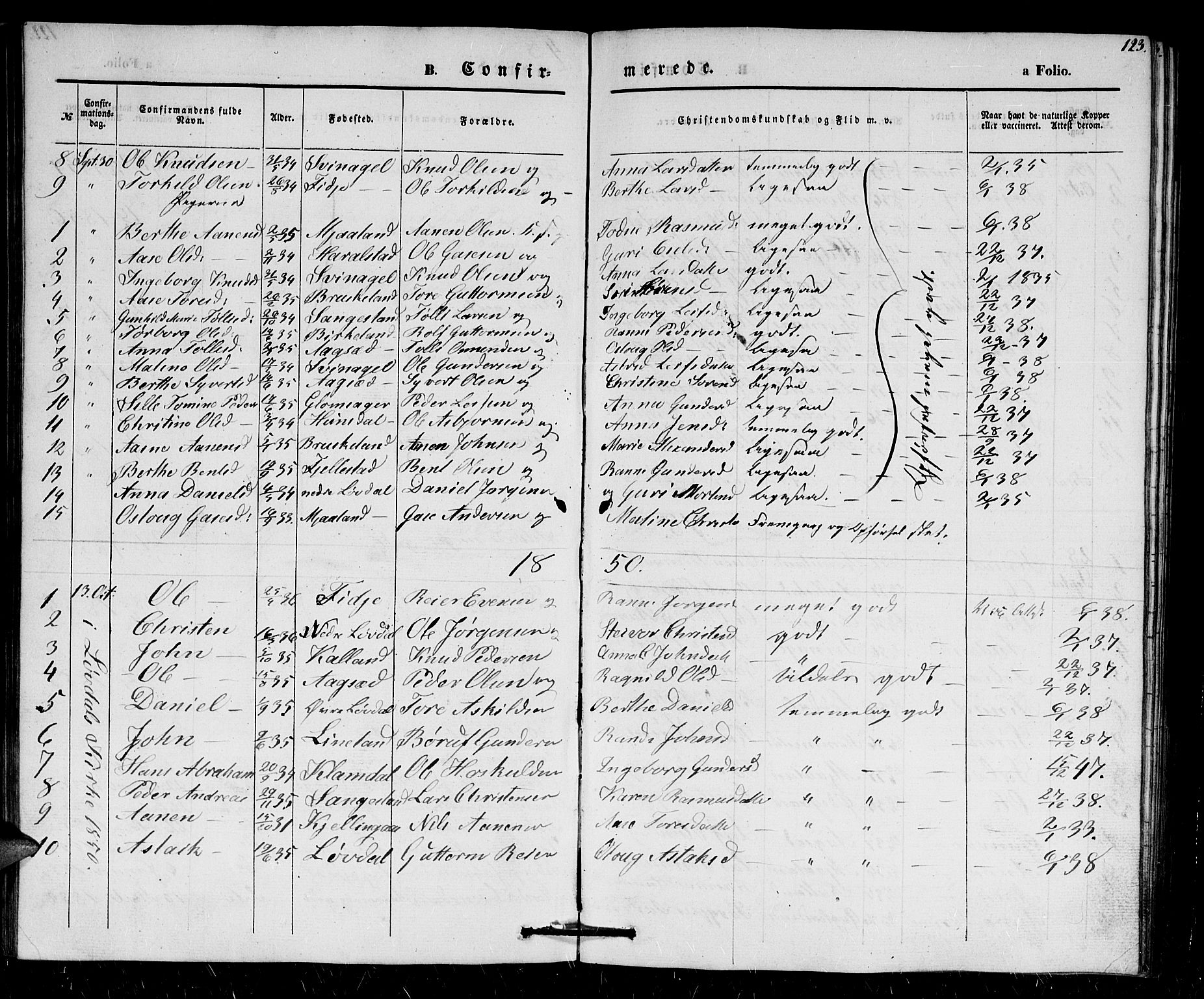Holum sokneprestkontor, SAK/1111-0022/F/Fb/Fbb/L0002: Parish register (copy) no. B 2, 1847-1874, p. 123