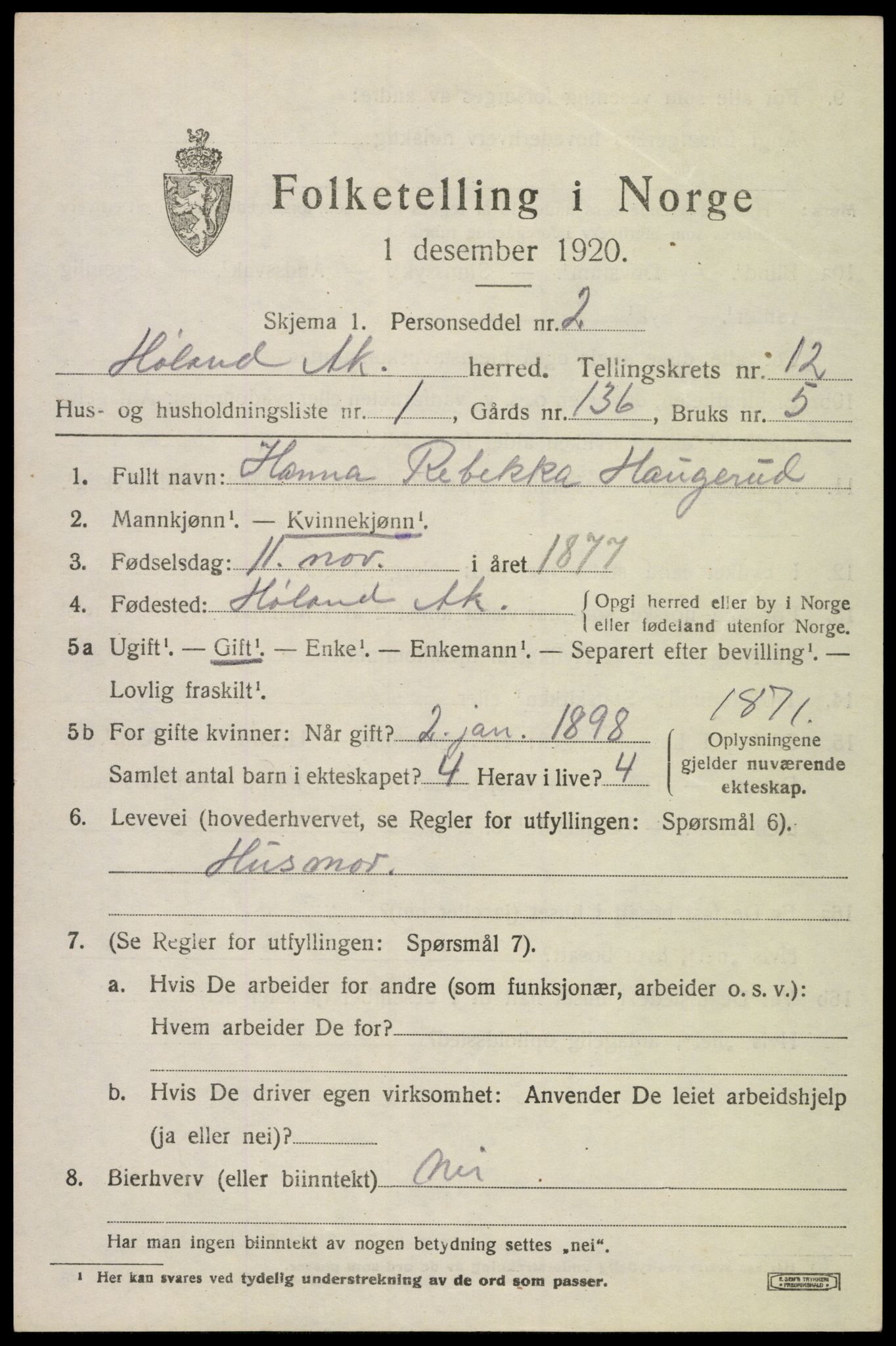 SAO, 1920 census for Høland, 1920, p. 11667