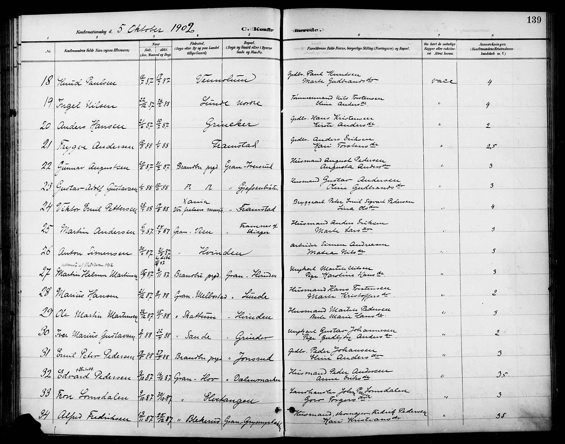 Gran prestekontor, AV/SAH-PREST-112/H/Ha/Haa/L0019: Parish register (official) no. 19, 1898-1907, p. 139