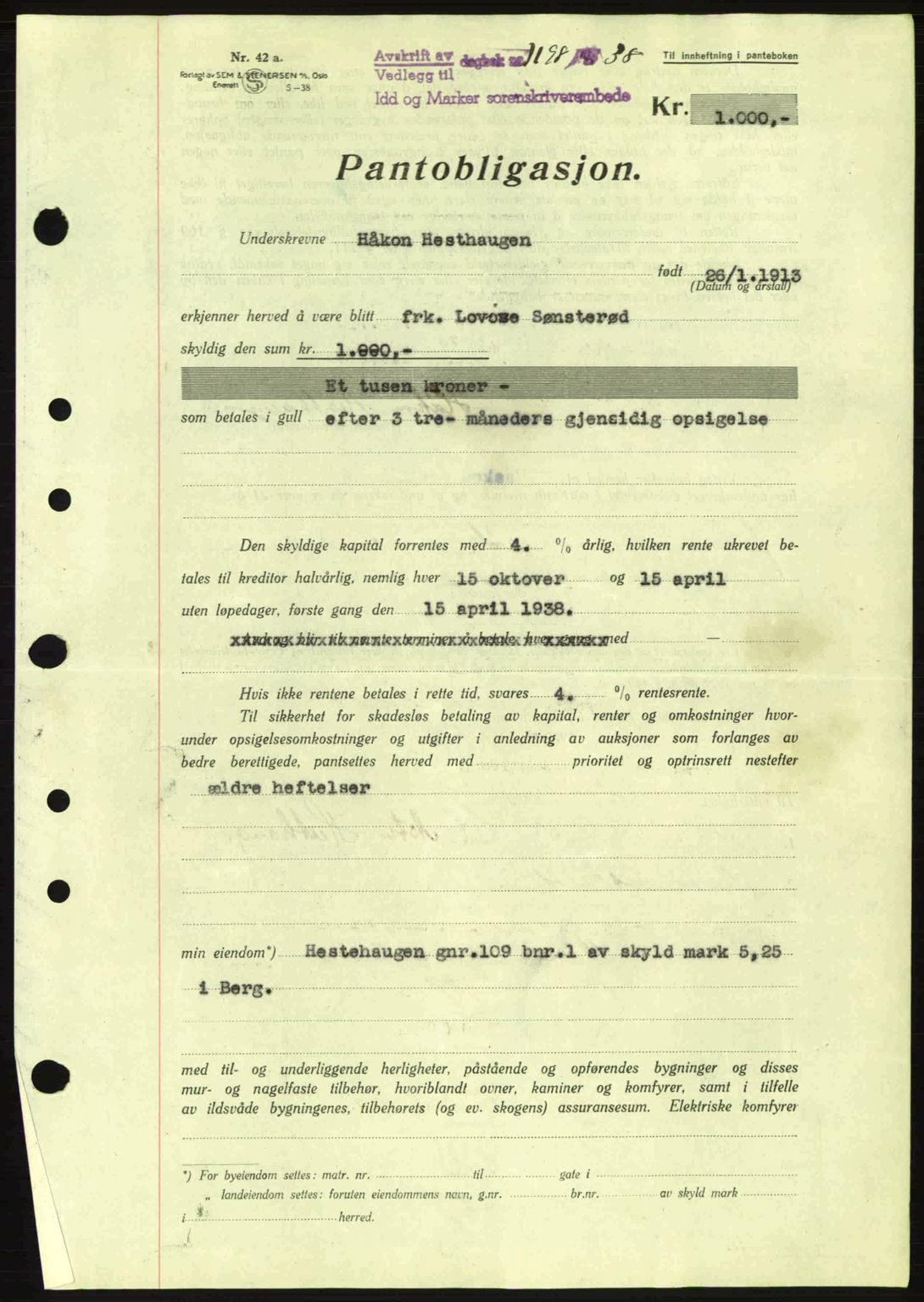 Idd og Marker sorenskriveri, AV/SAO-A-10283/G/Gb/Gbc/L0001: Mortgage book no. B1-3, 1936-1939, Diary no: : 1198/1938