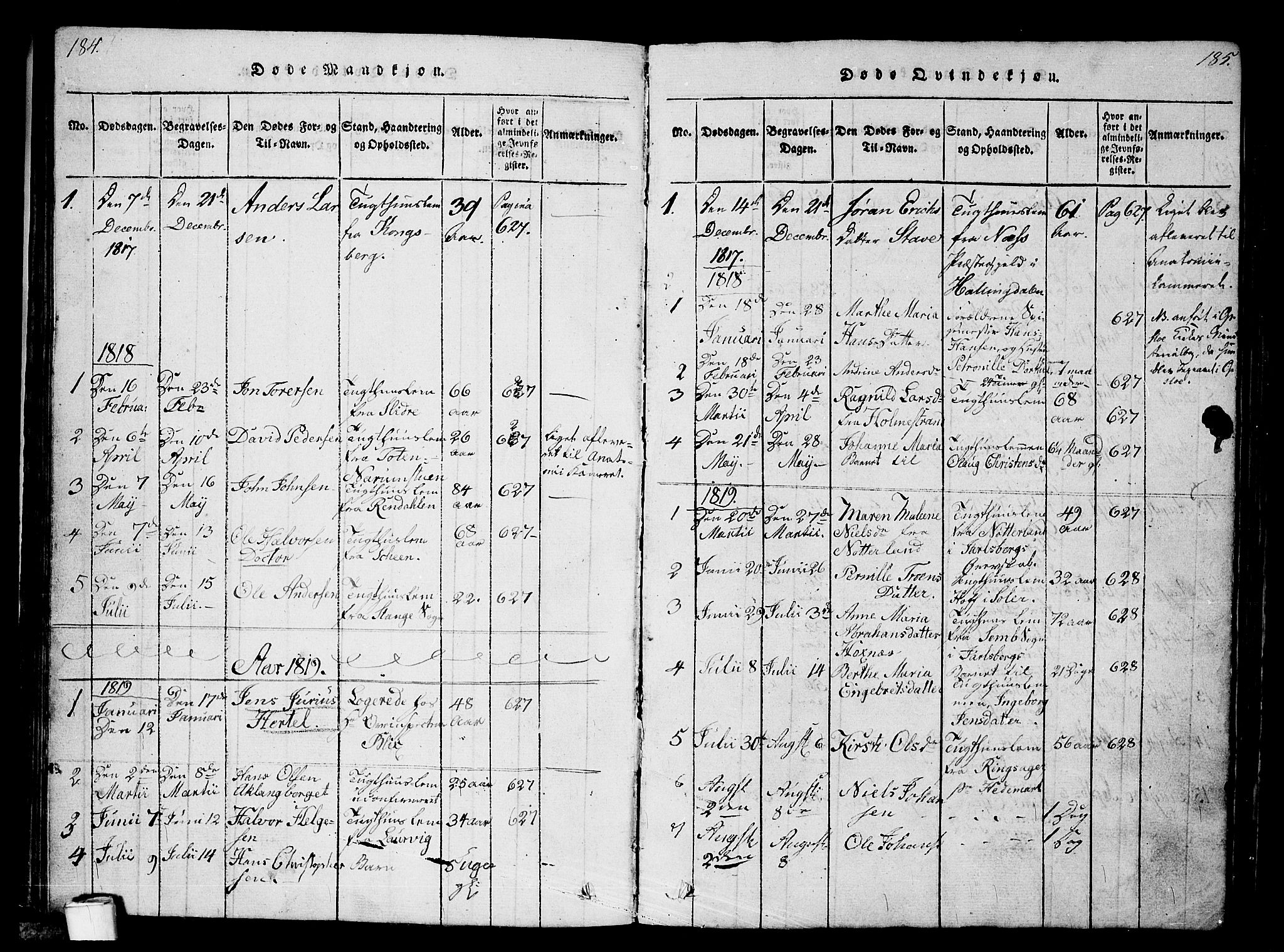 Kristiania tukthusprest Kirkebøker, AV/SAO-A-10881/G/Ga/L0001: Parish register (copy) no. 1, 1818-1857, p. 184-185