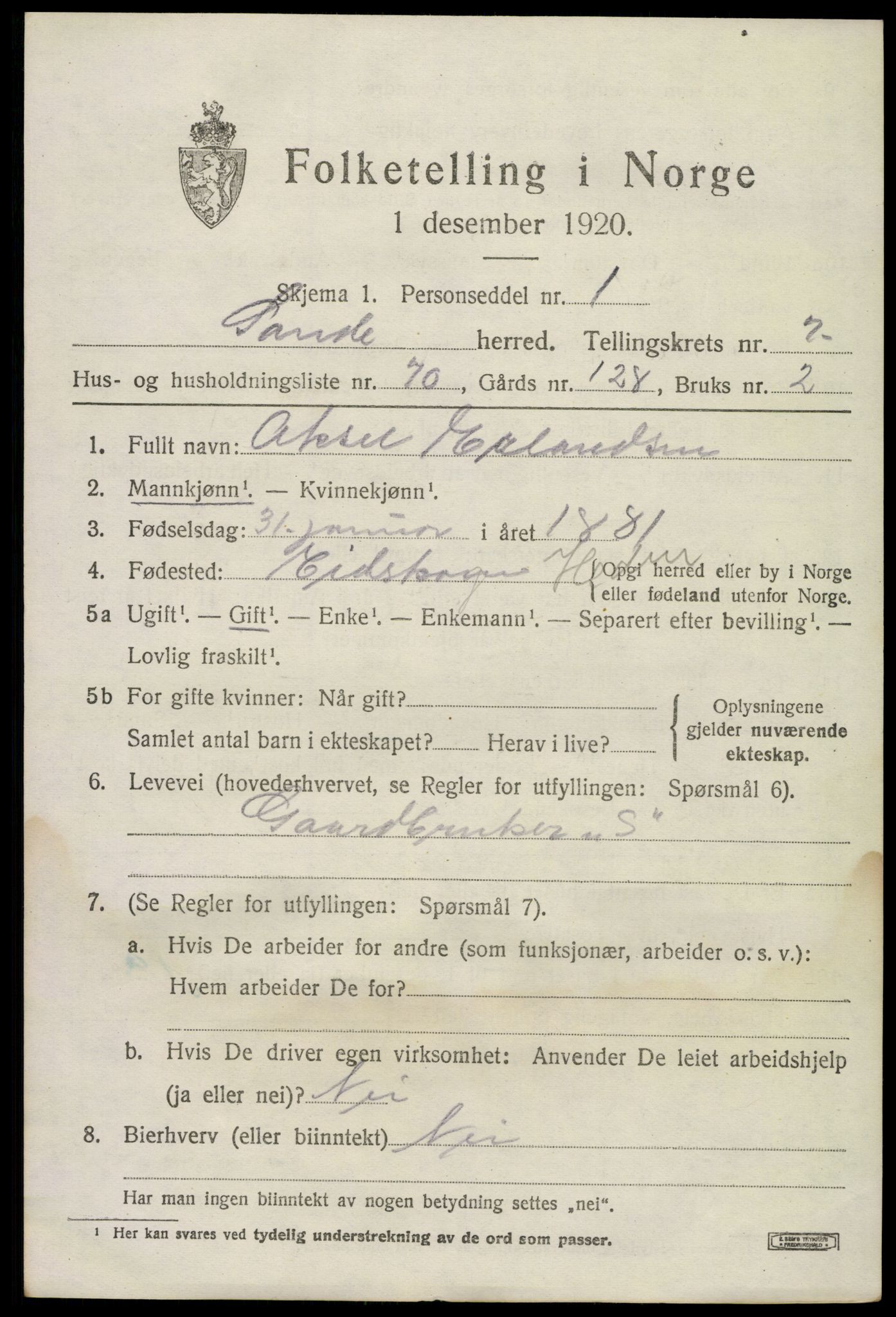 SAKO, 1920 census for Sande, 1920, p. 8940