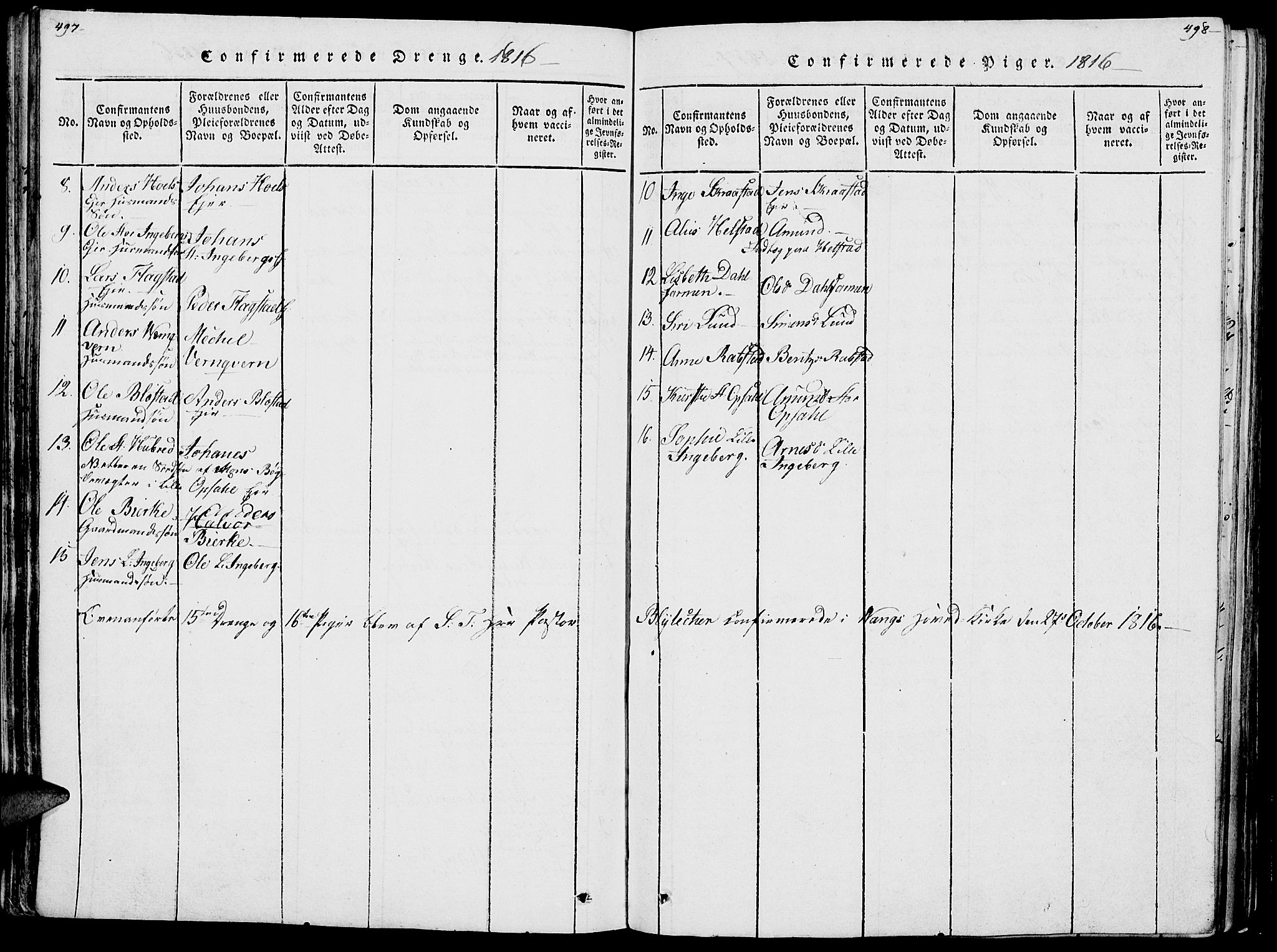 Vang prestekontor, Hedmark, SAH/PREST-008/H/Ha/Haa/L0007: Parish register (official) no. 7, 1813-1826, p. 497-498