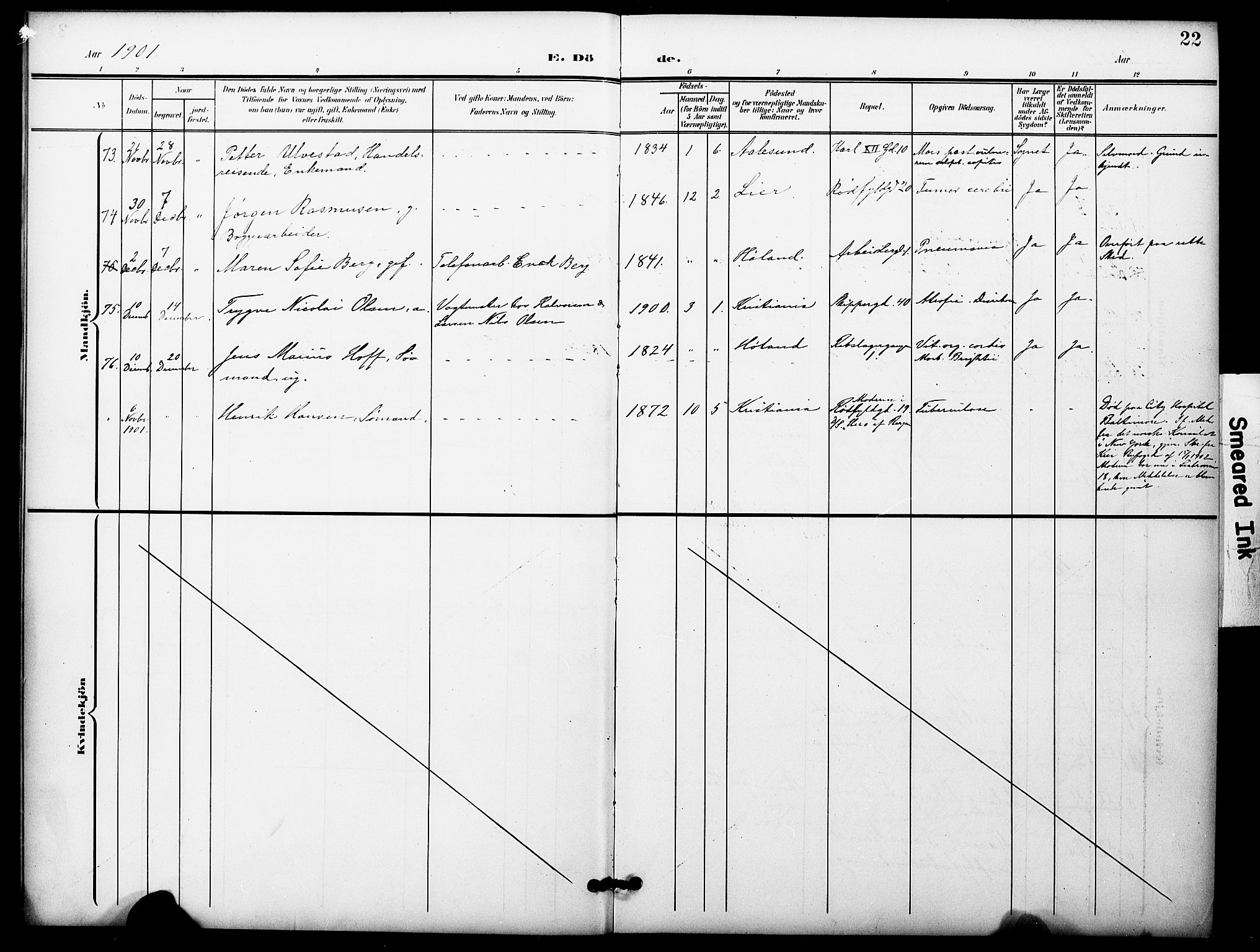 Oslo domkirke Kirkebøker, AV/SAO-A-10752/F/Fa/L0036: Parish register (official) no. 36, 1901-1919, p. 22