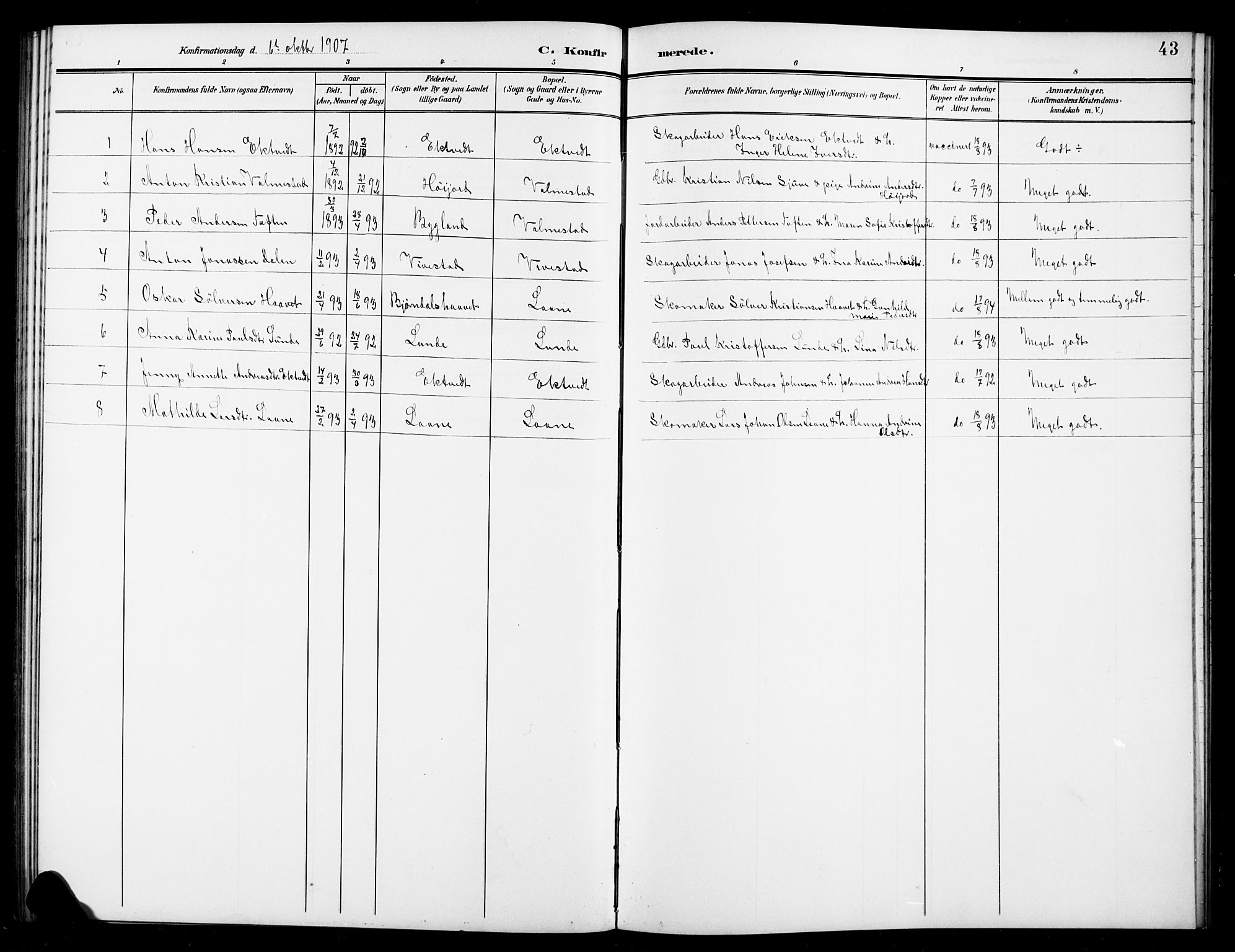 Ramnes kirkebøker, SAKO/A-314/G/Gc/L0002: Parish register (copy) no. III 2, 1903-1924, p. 43