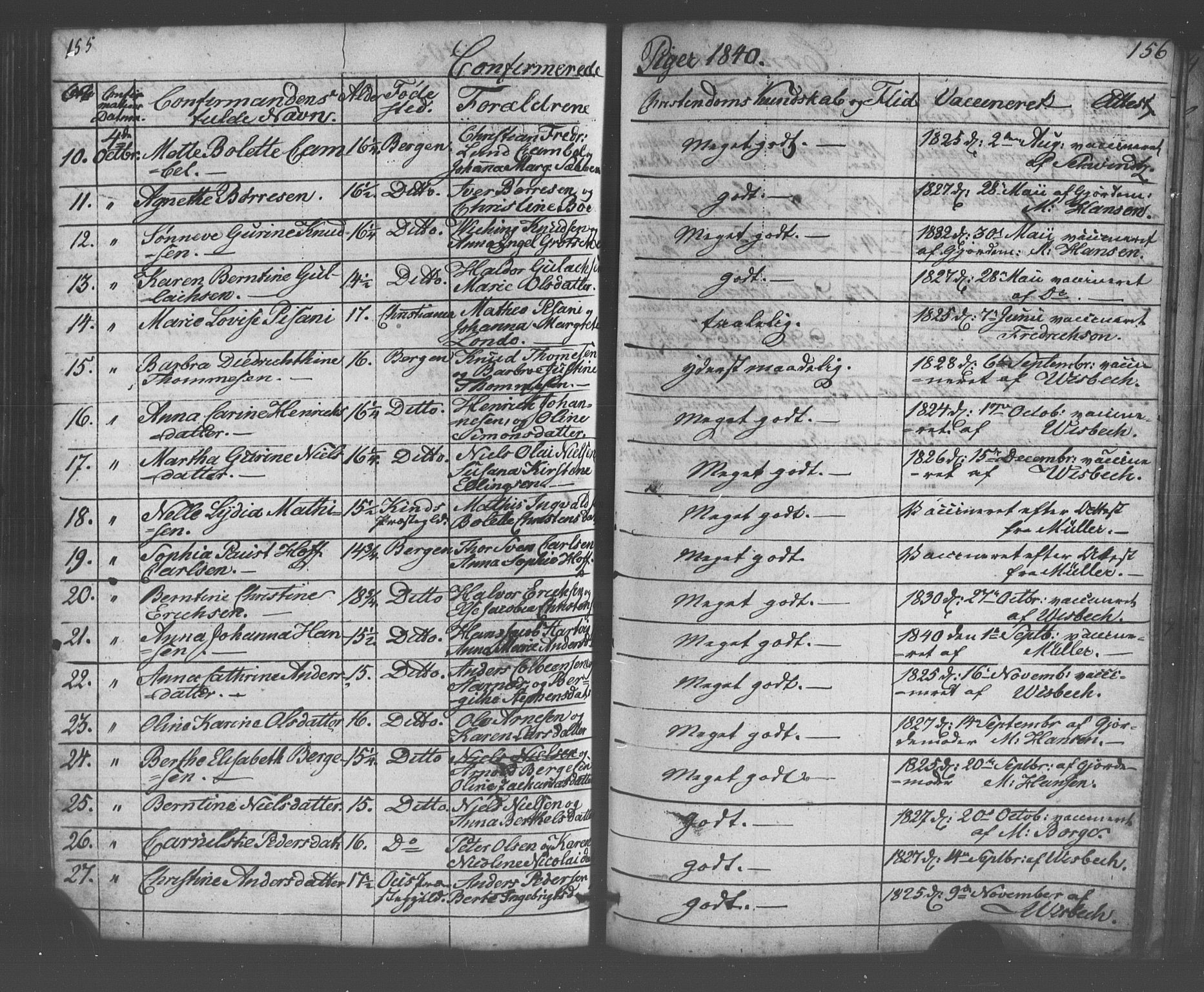 Domkirken sokneprestembete, AV/SAB-A-74801/H/Haa/L0063: Curate's parish register no. A 1, 1821-1848, p. 155-156