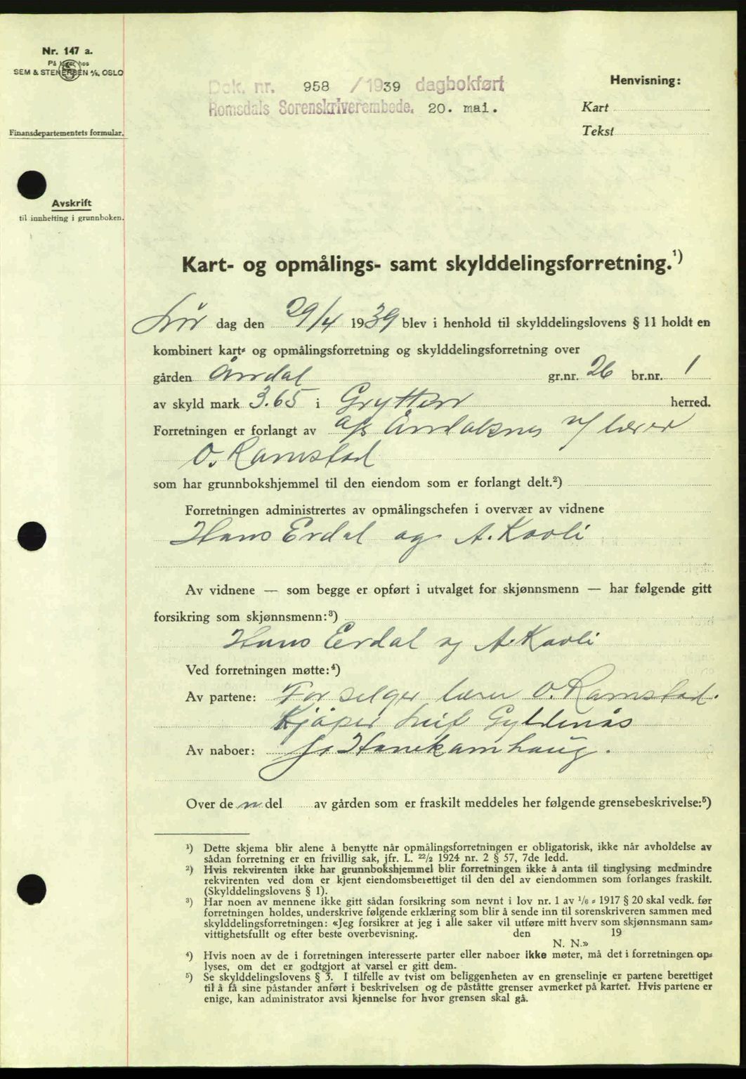 Romsdal sorenskriveri, AV/SAT-A-4149/1/2/2C: Mortgage book no. A6, 1938-1939, Diary no: : 958/1939