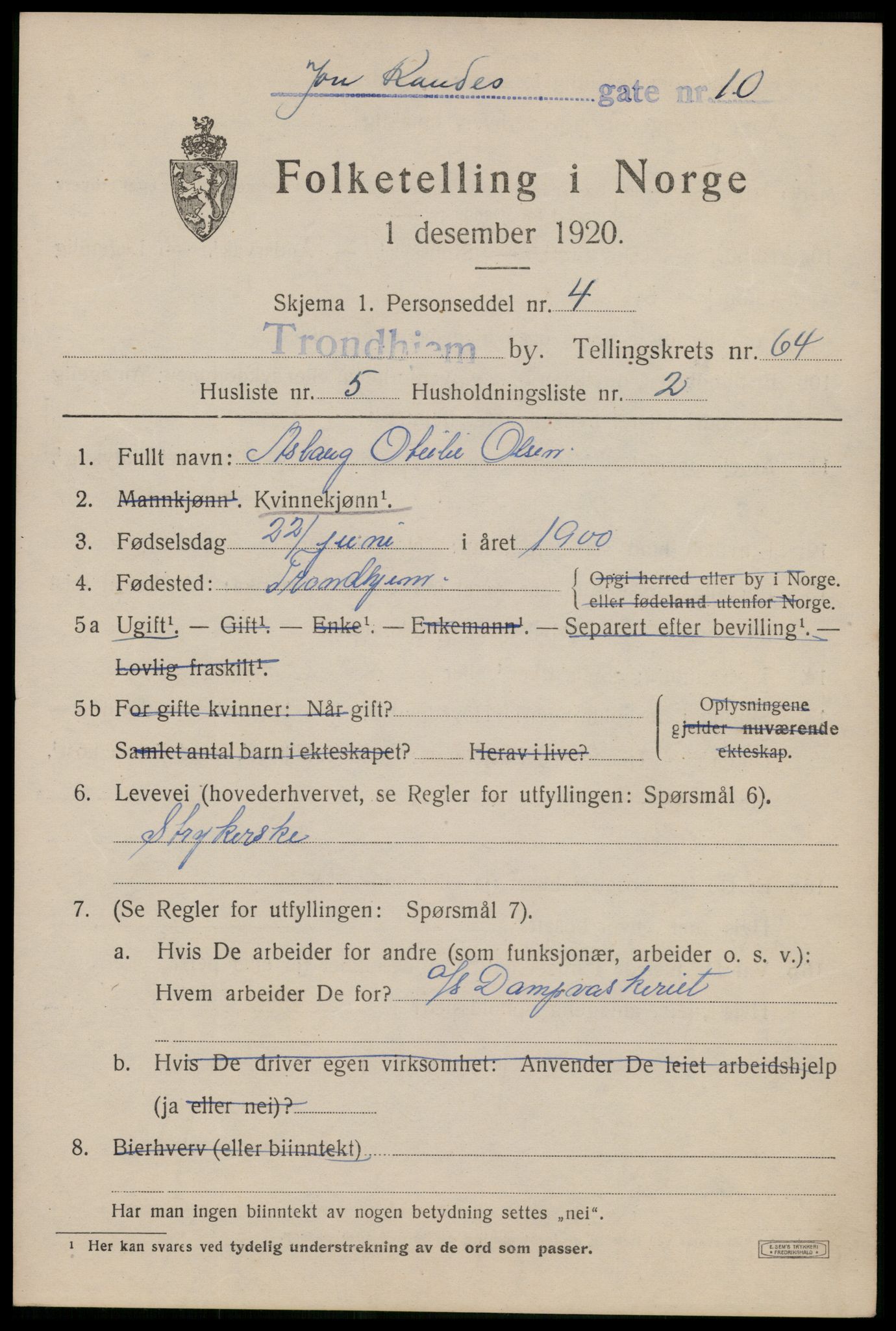 SAT, 1920 census for Trondheim, 1920, p. 127610