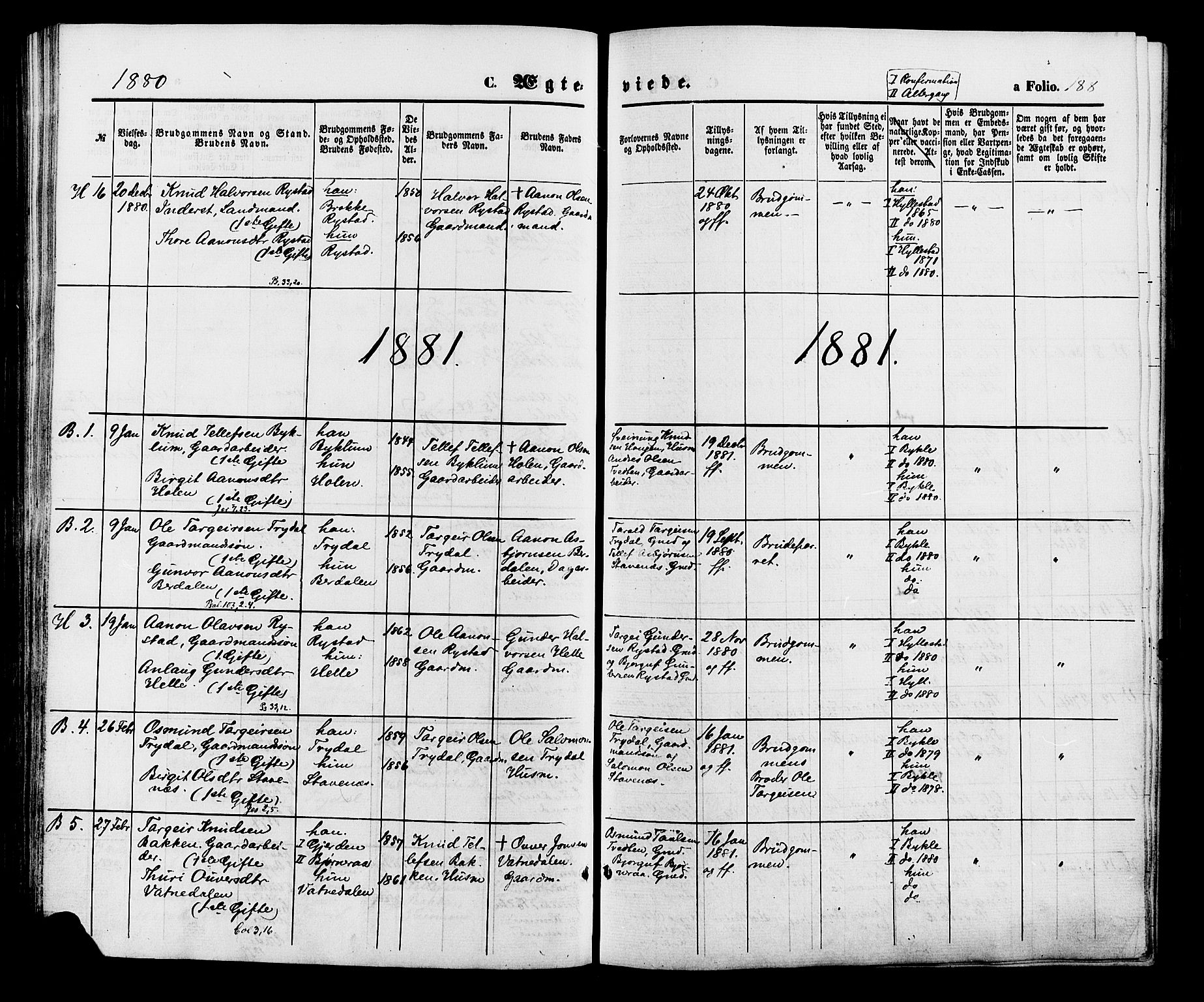 Valle sokneprestkontor, AV/SAK-1111-0044/F/Fa/Fac/L0008: Parish register (official) no. A 8, 1868-1882, p. 188