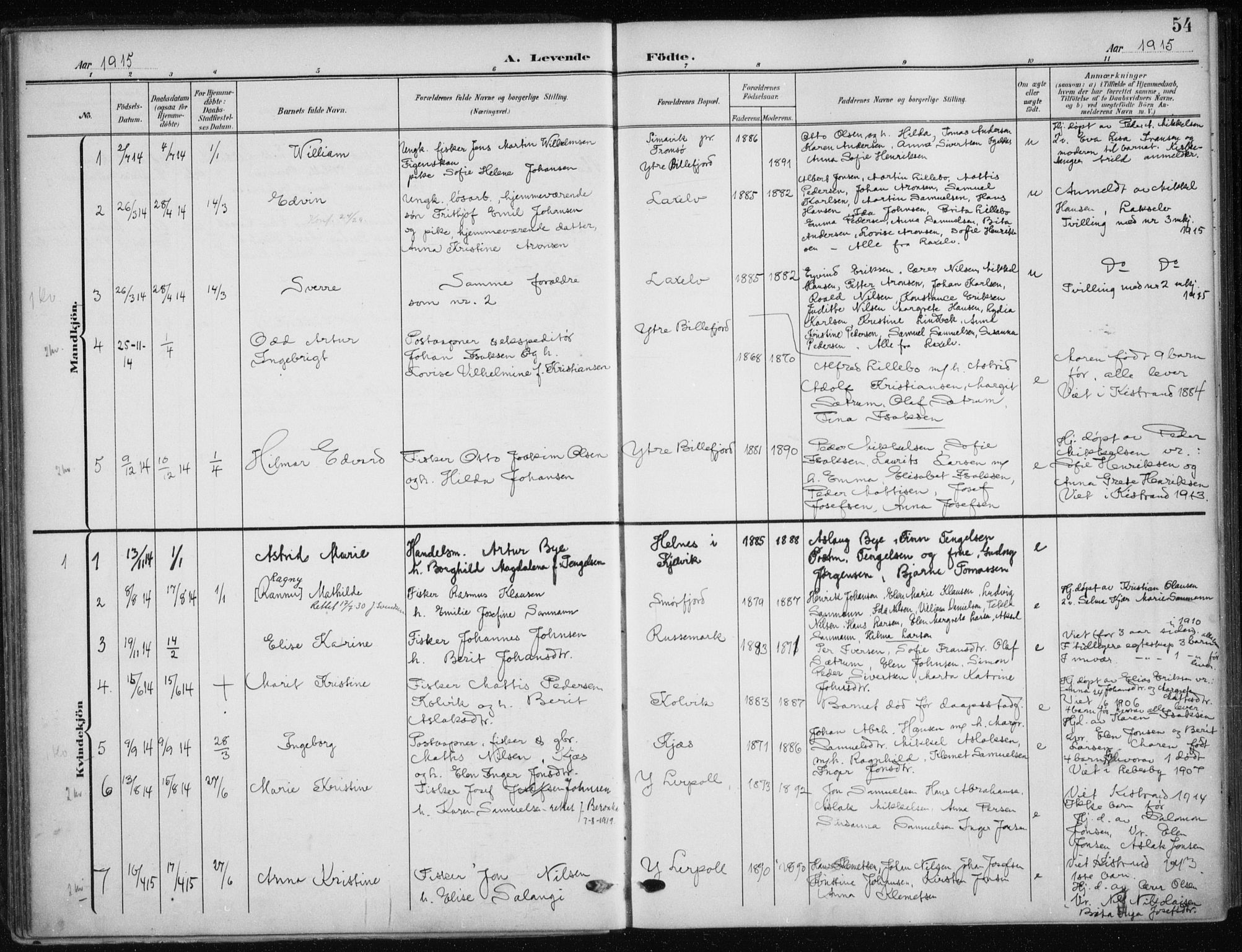 Kistrand/Porsanger sokneprestembete, AV/SATØ-S-1351/H/Ha/L0014.kirke: Parish register (official) no. 14, 1908-1917, p. 54