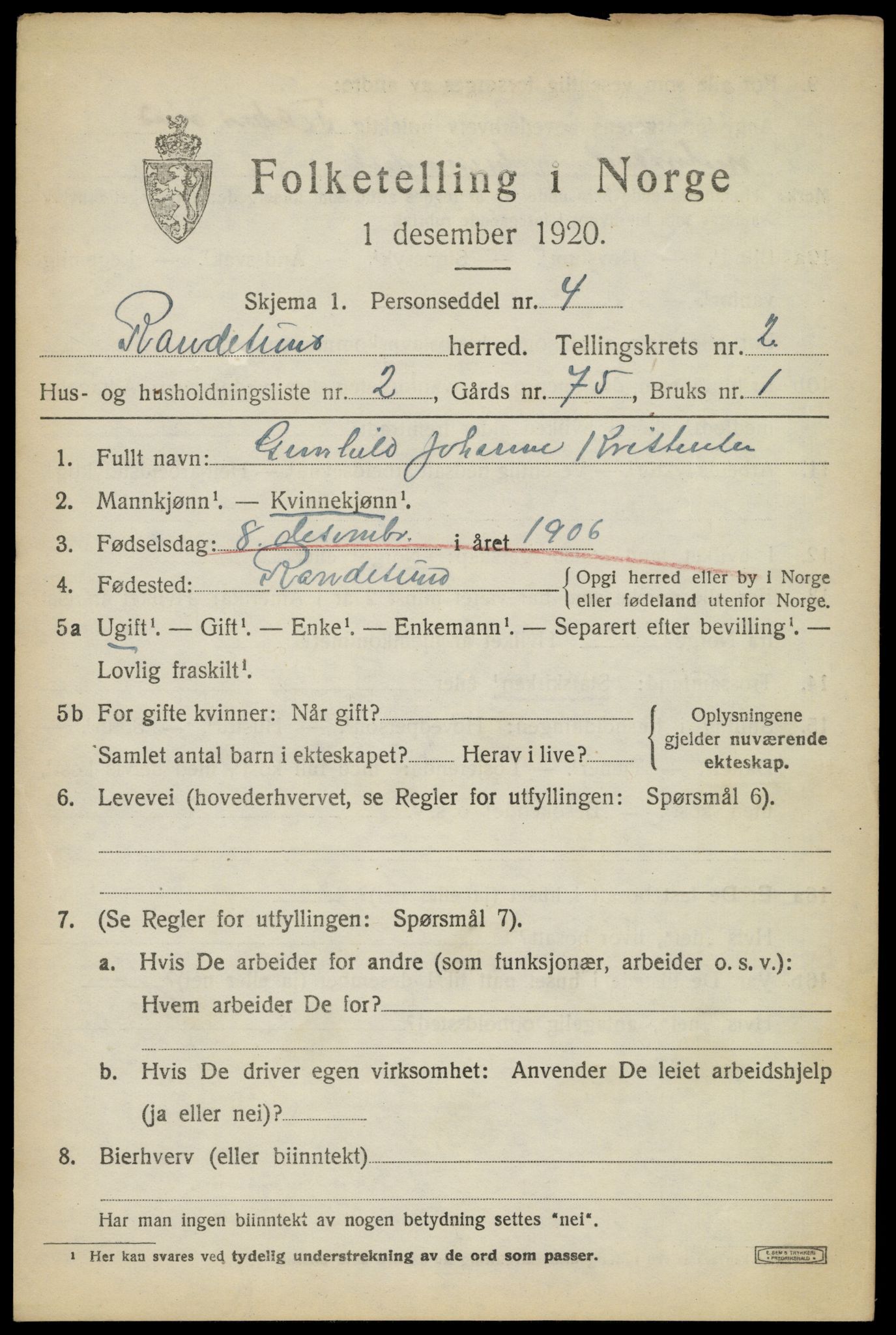 SAK, 1920 census for Randesund, 1920, p. 1100