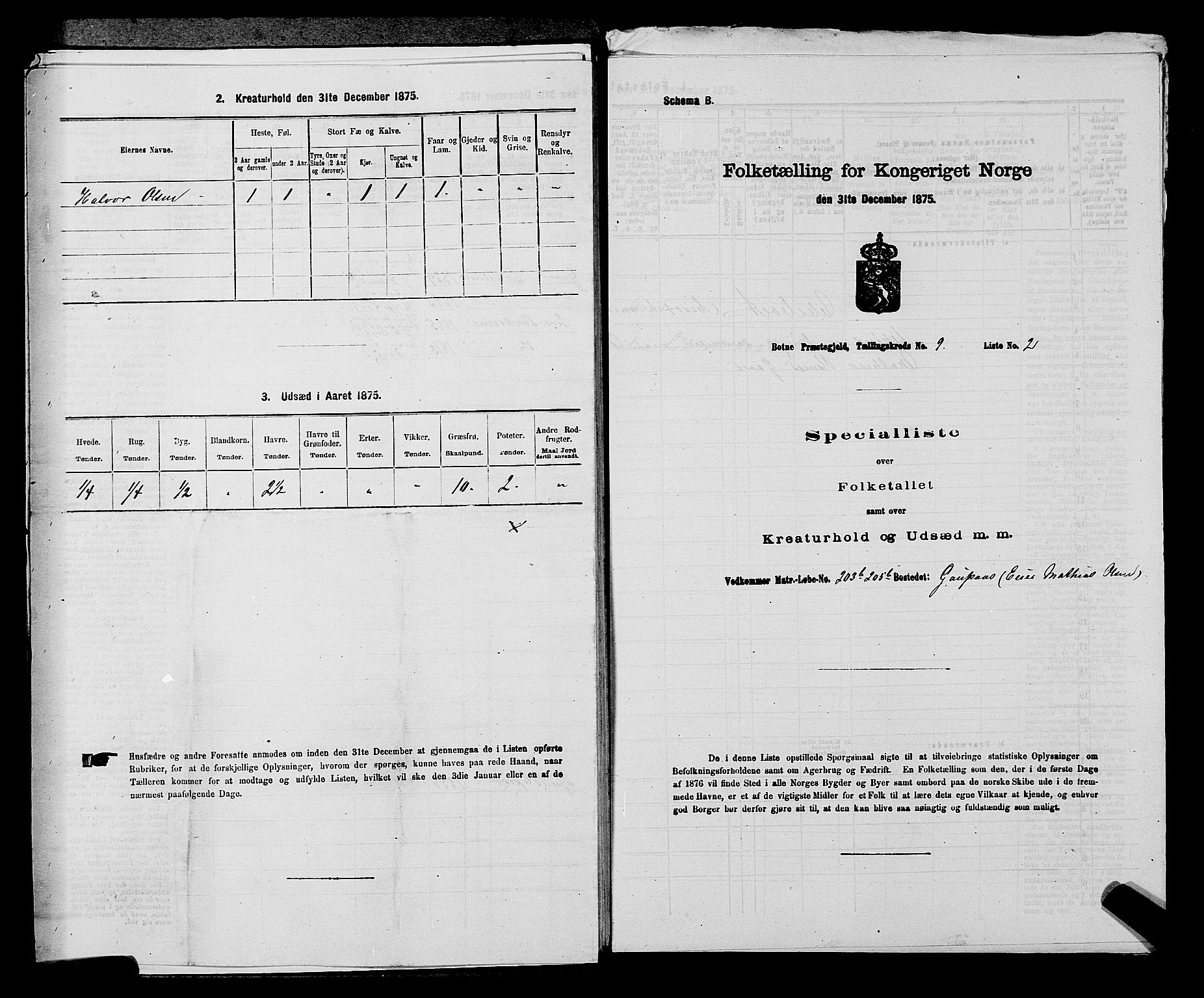 SAKO, 1875 census for 0715P Botne, 1875, p. 740