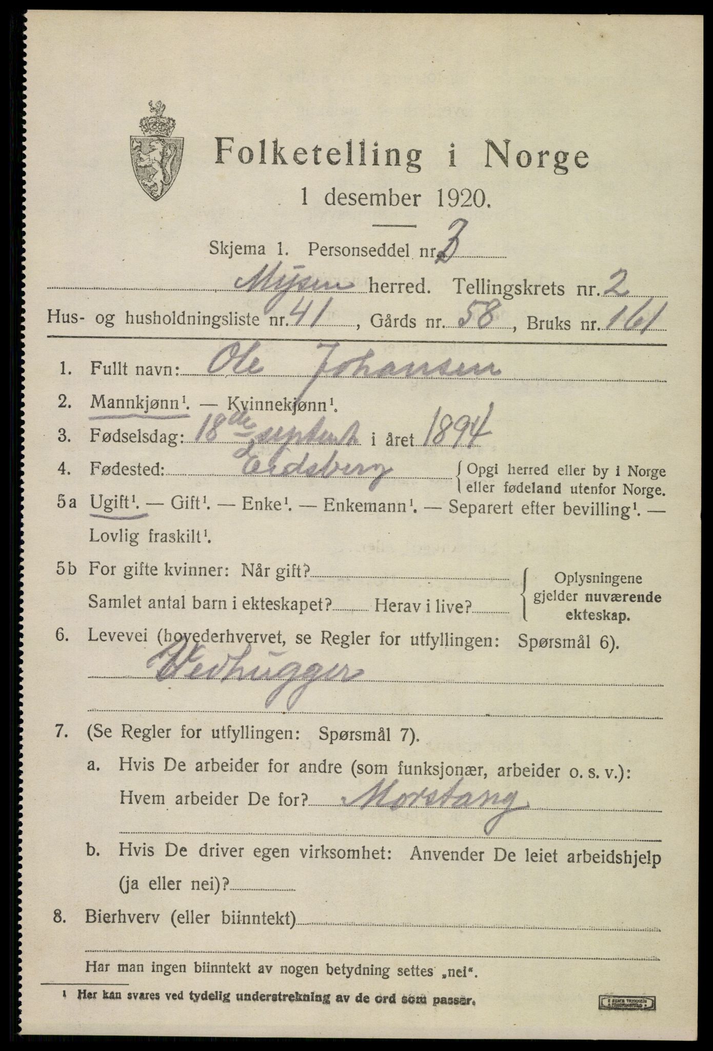 SAO, 1920 census for Mysen, 1920, p. 1865