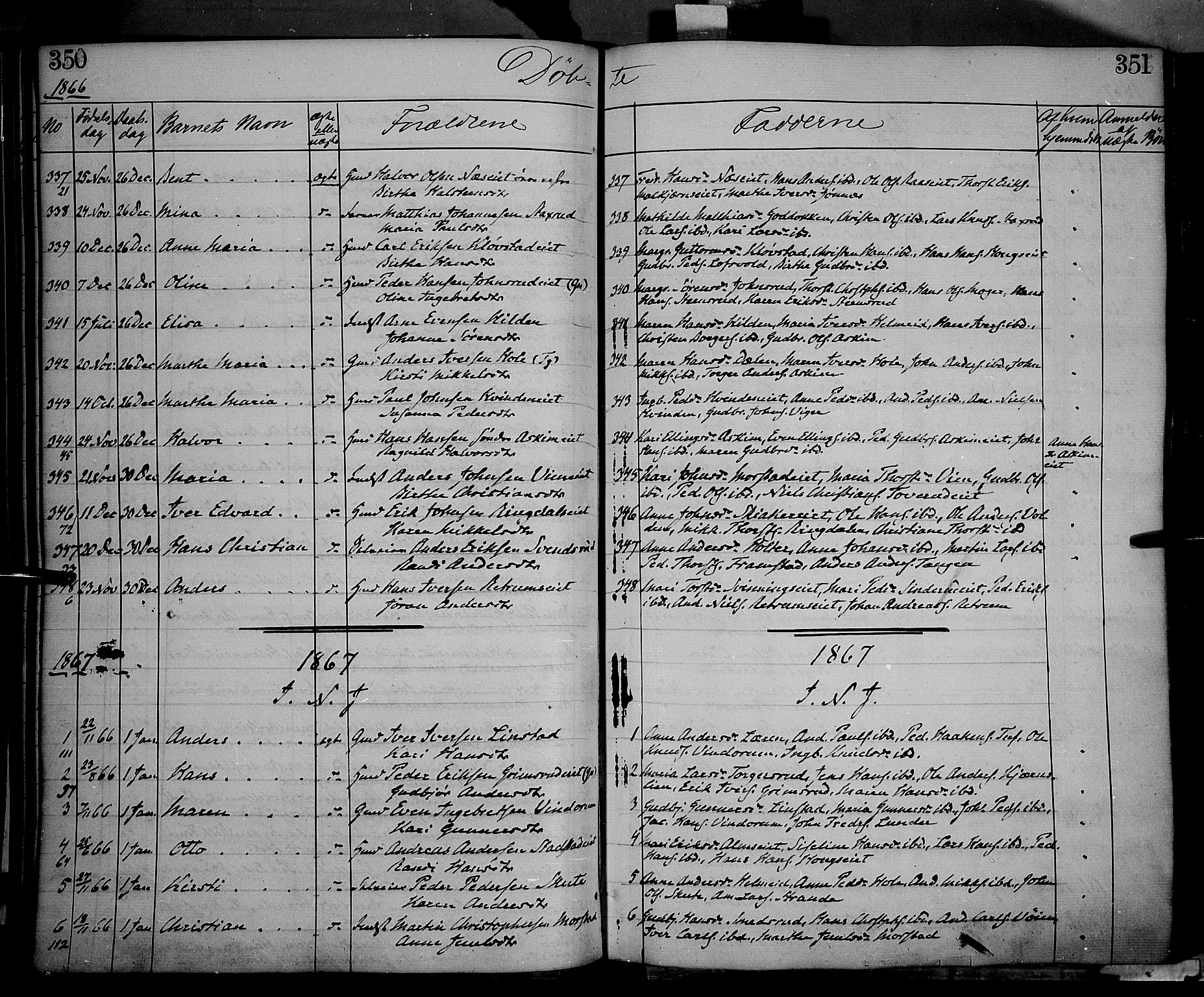 Gran prestekontor, SAH/PREST-112/H/Ha/Haa/L0012: Parish register (official) no. 12, 1856-1874, p. 350-351