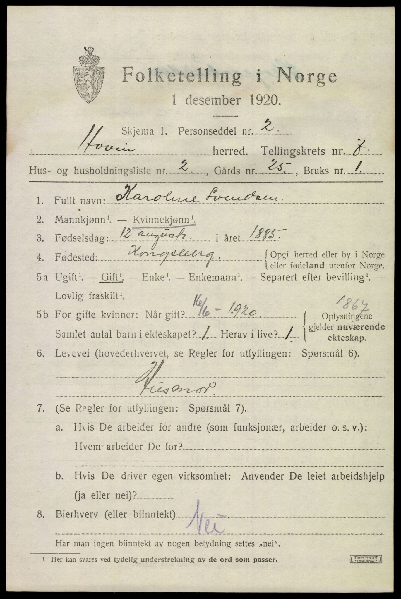 SAKO, 1920 census for Hovin, 1920, p. 1707