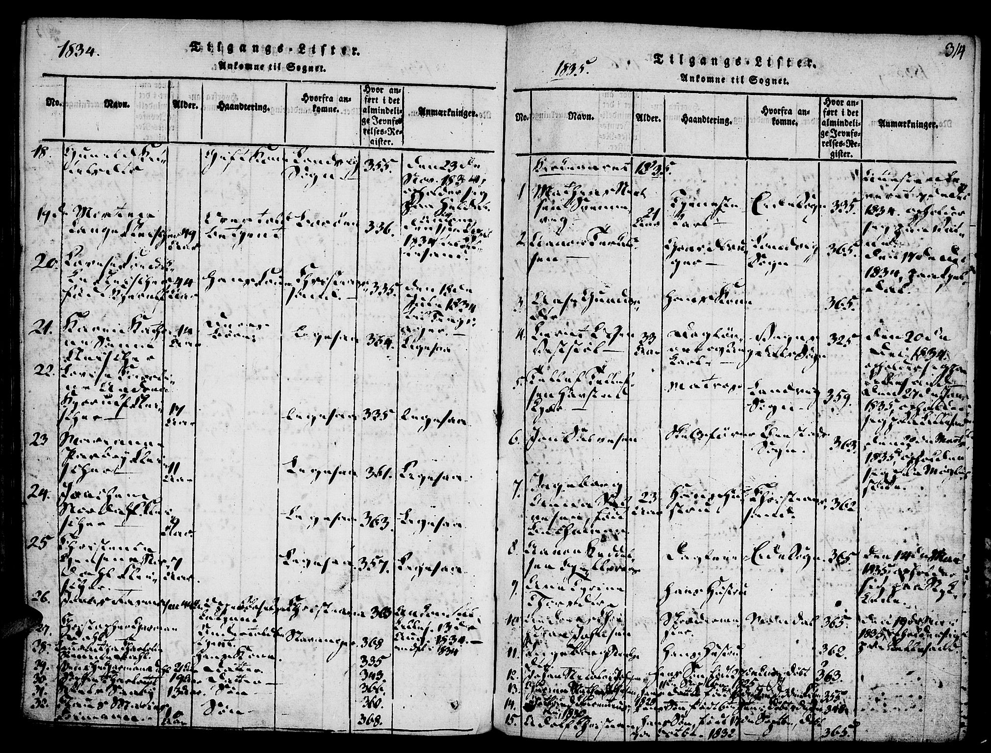 Vestre Moland sokneprestkontor, SAK/1111-0046/F/Fa/Fab/L0003: Parish register (official) no. A 3, 1816-1843, p. 314