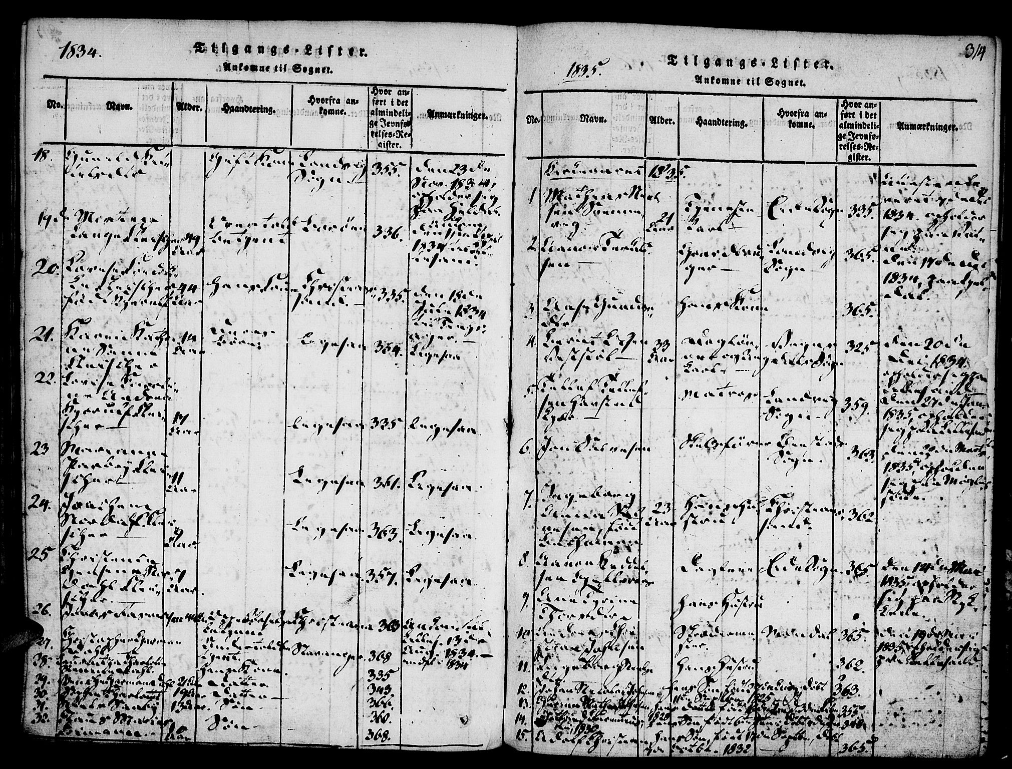 Vestre Moland sokneprestkontor, AV/SAK-1111-0046/F/Fa/Fab/L0003: Parish register (official) no. A 3, 1816-1843, p. 314