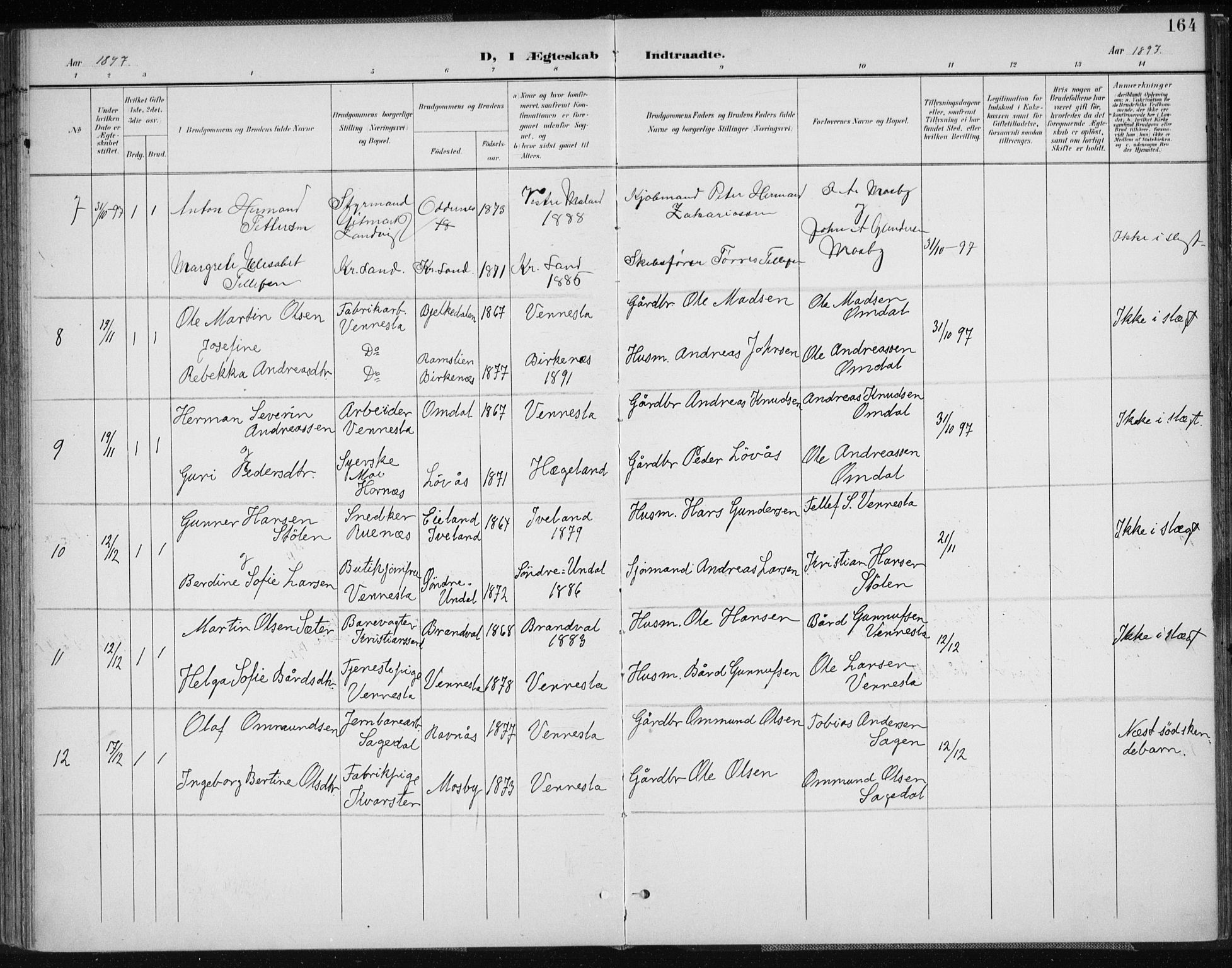 Vennesla sokneprestkontor, AV/SAK-1111-0045/Fa/Fab/L0005: Parish register (official) no. A 5, 1897-1909, p. 164