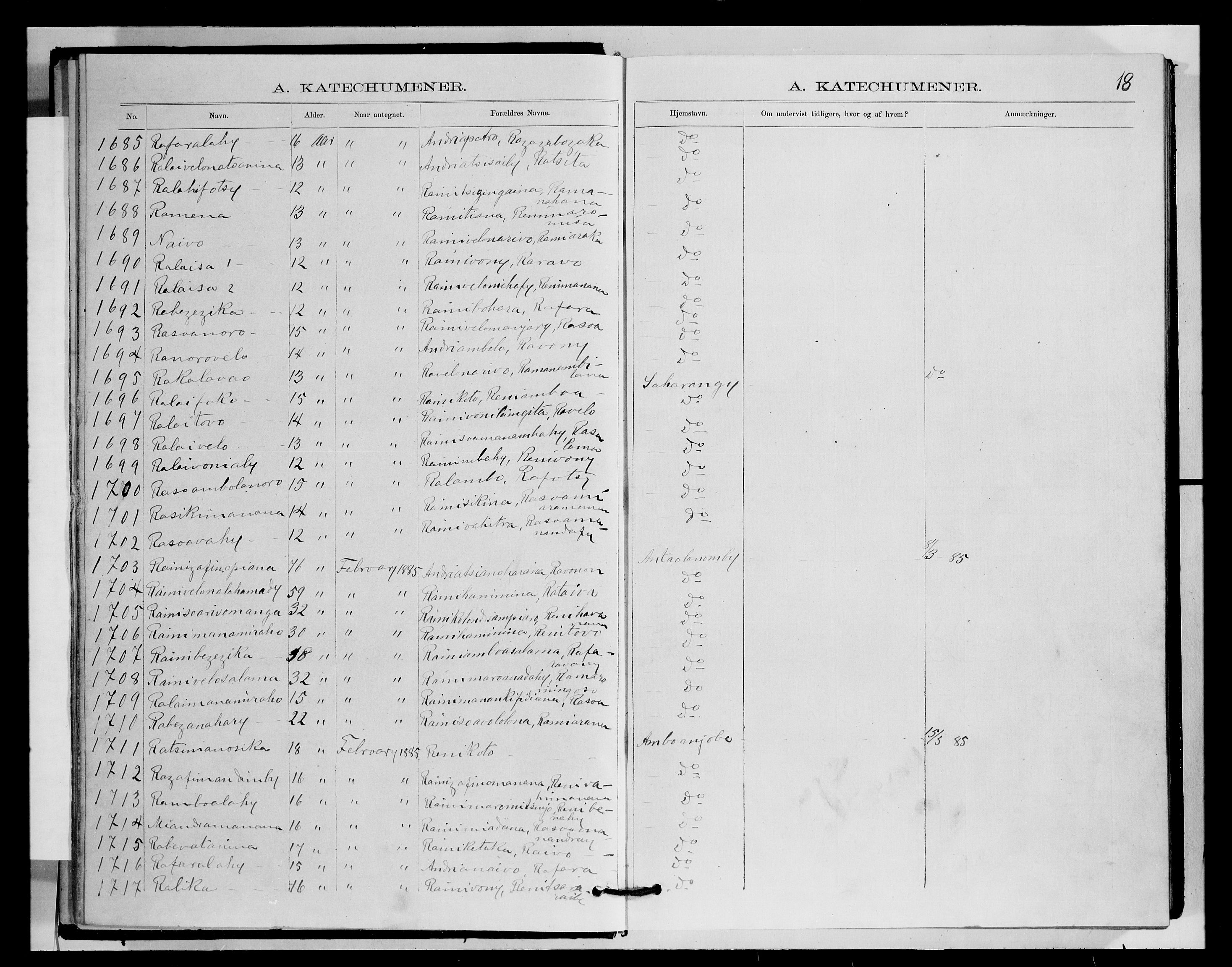 Archives FLM/NMS, Madagaskar, VID/MA-A-1163/D/Db/L0270: Parish register (official) no. 2, 1883-1886, p. 18