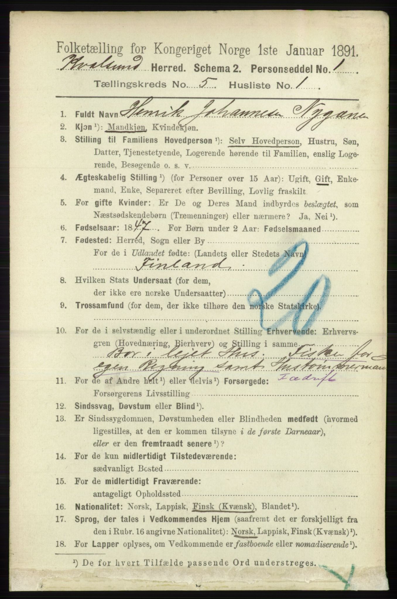 RA, 1891 census for 2017 Kvalsund, 1891, p. 515