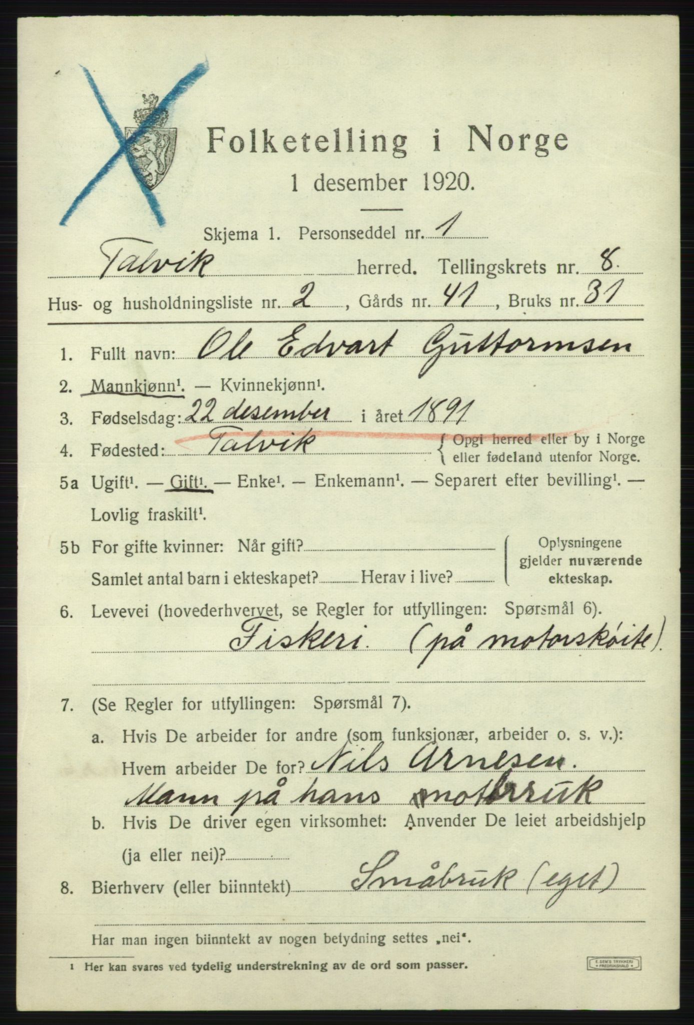 SATØ, 1920 census for Talvik, 1920, p. 4992