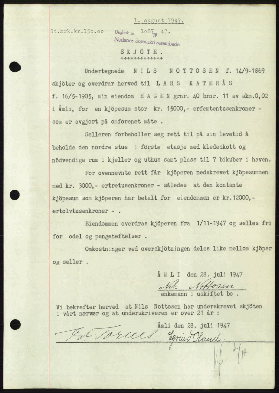 Nedenes sorenskriveri, AV/SAK-1221-0006/G/Gb/Gba/L0057: Mortgage book no. A9, 1947-1947, Diary no: : 1087/1947