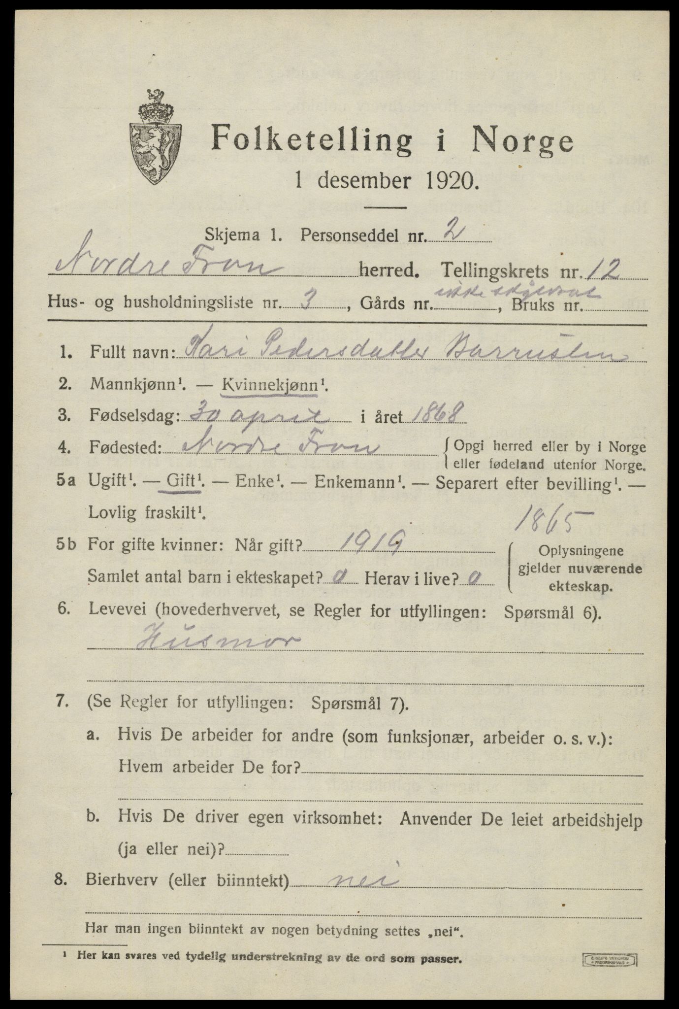 SAH, 1920 census for Nord-Fron, 1920, p. 9872