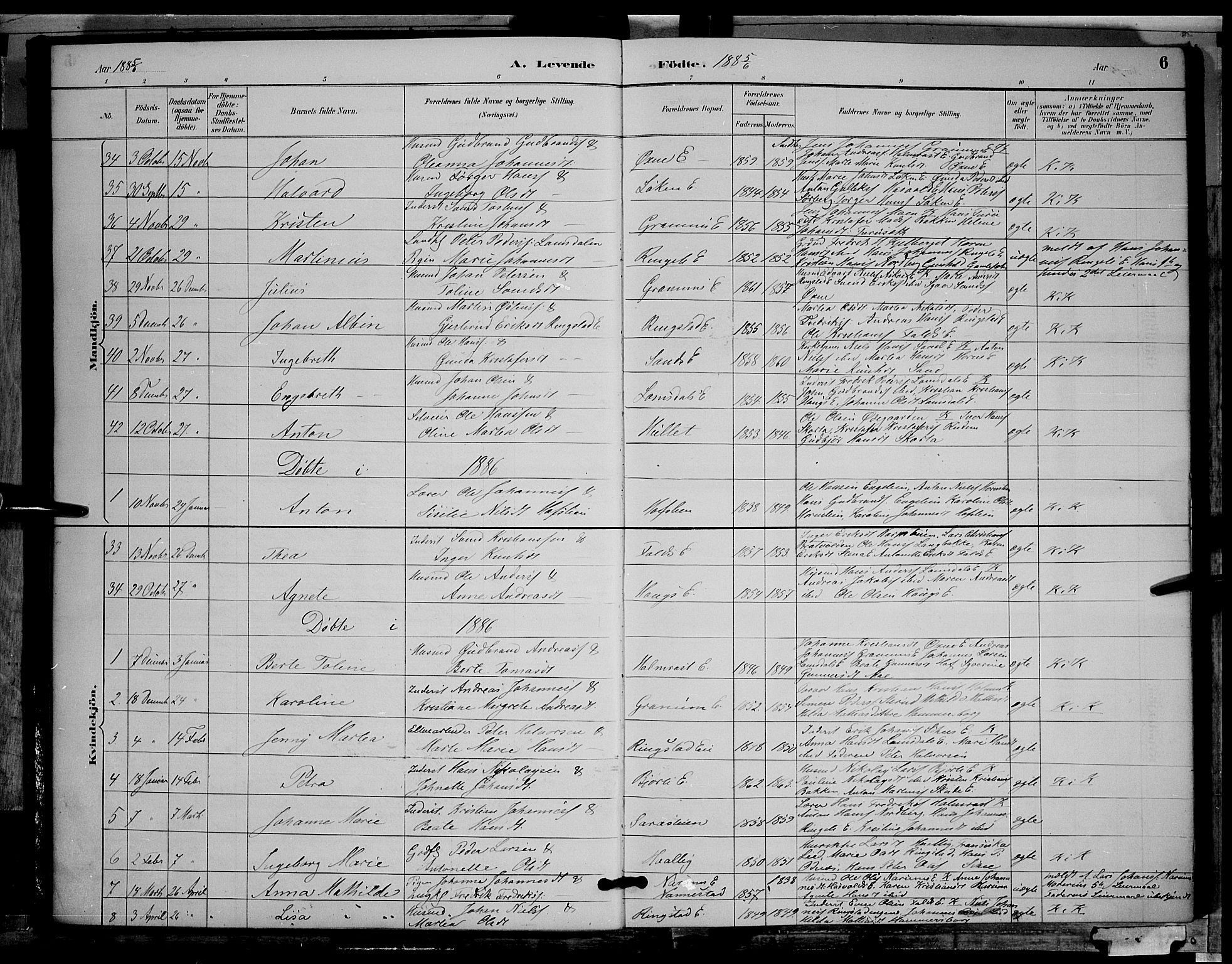 Søndre Land prestekontor, SAH/PREST-122/L/L0002: Parish register (copy) no. 2, 1884-1900, p. 6