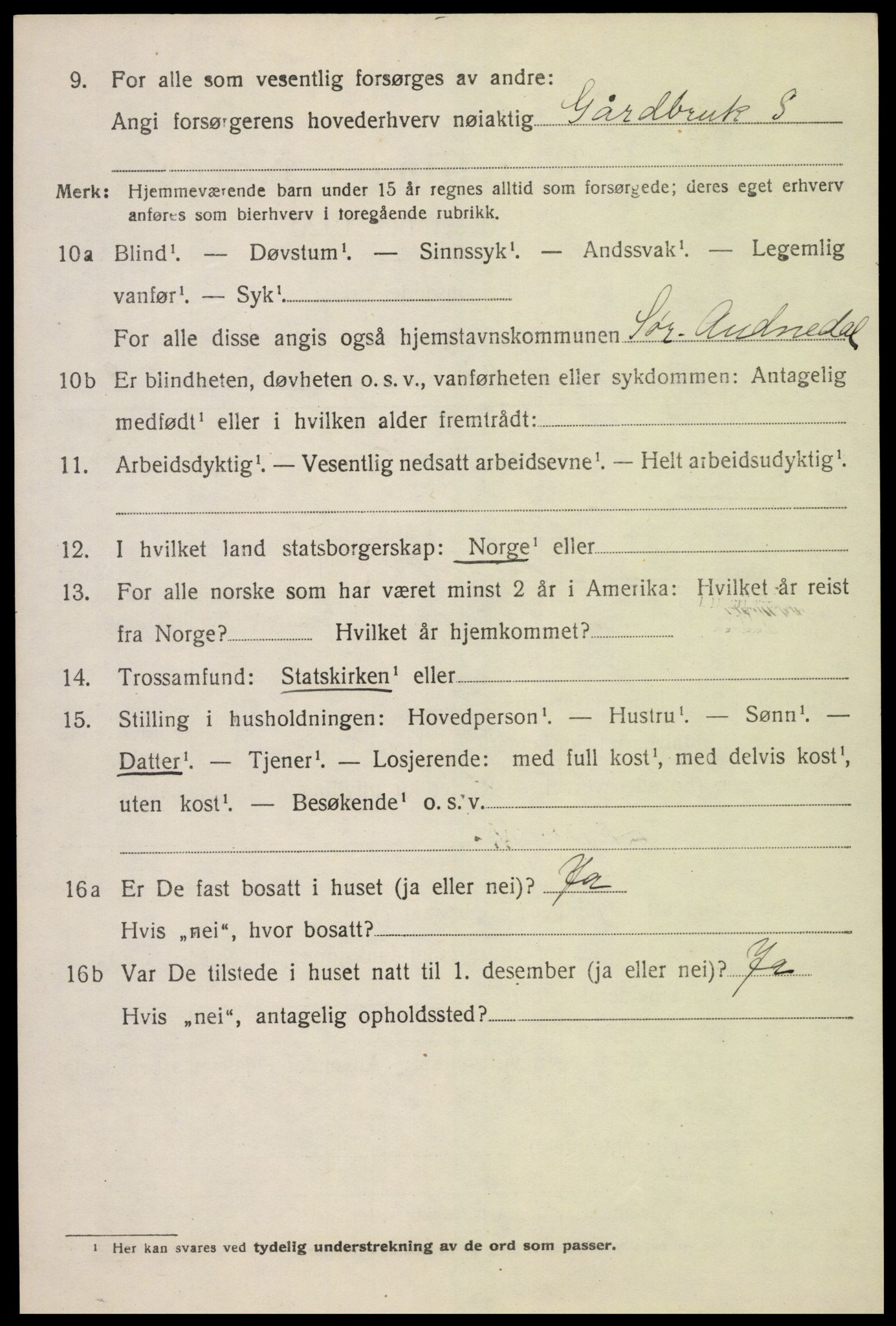SAK, 1920 census for Sør-Audnedal, 1920, p. 2644