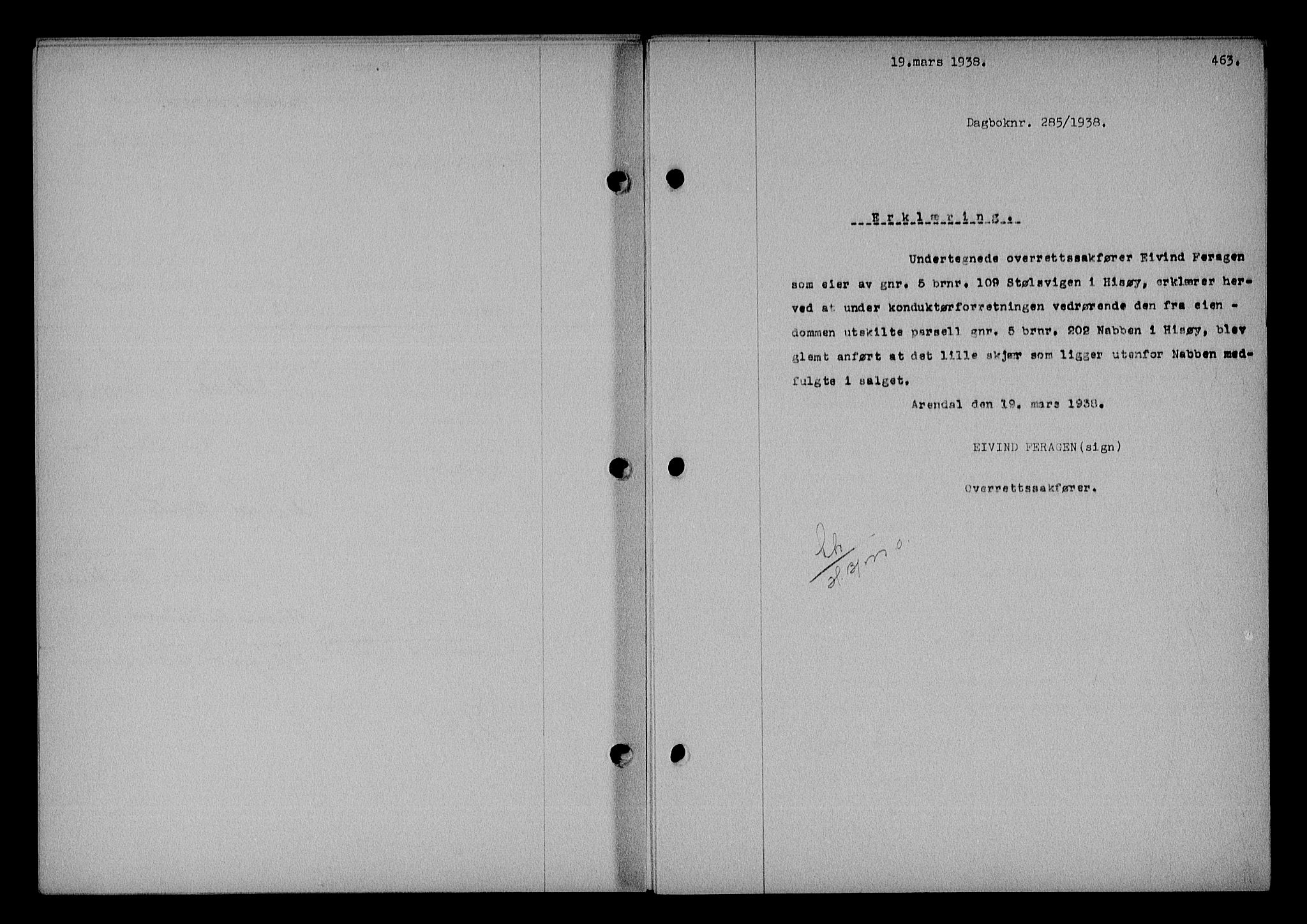 Nedenes sorenskriveri, SAK/1221-0006/G/Gb/Gba/L0044: Mortgage book no. 40, 1937-1938, Diary no: : 285/1938