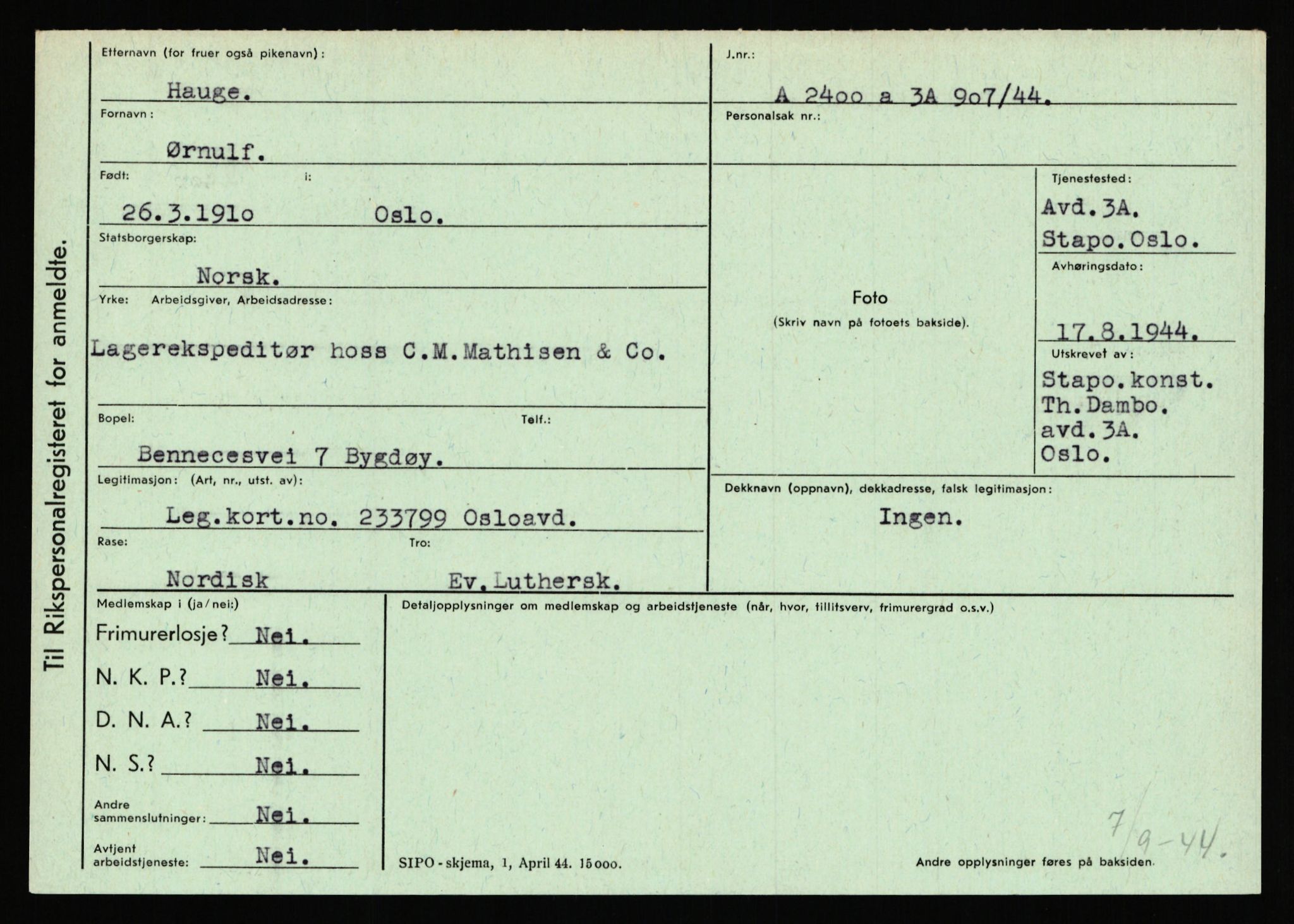 Statspolitiet - Hovedkontoret / Osloavdelingen, AV/RA-S-1329/C/Ca/L0006: Hanche - Hokstvedt, 1943-1945, p. 2311