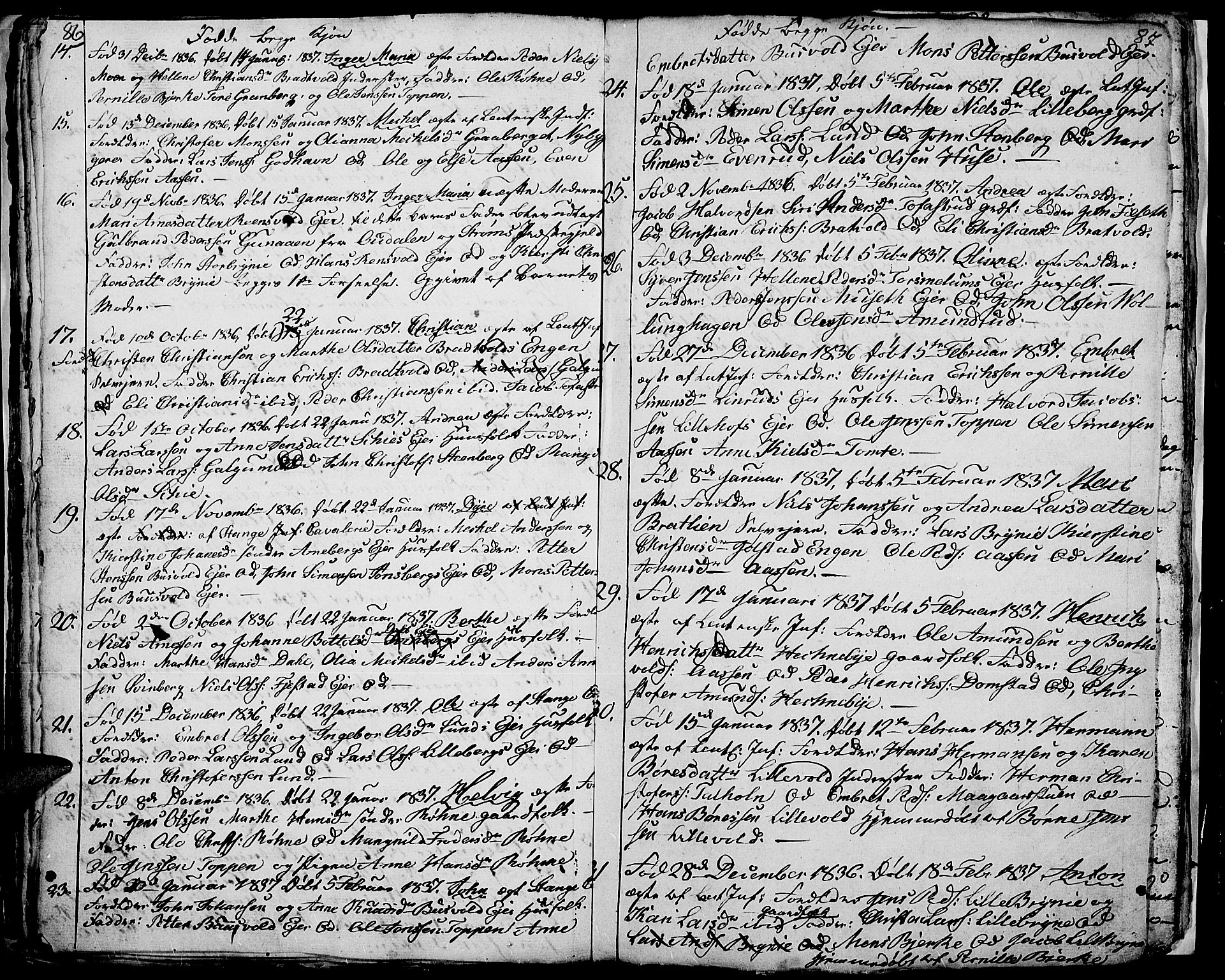 Romedal prestekontor, SAH/PREST-004/L/L0007: Parish register (copy) no. 7, 1831-1837, p. 86-87