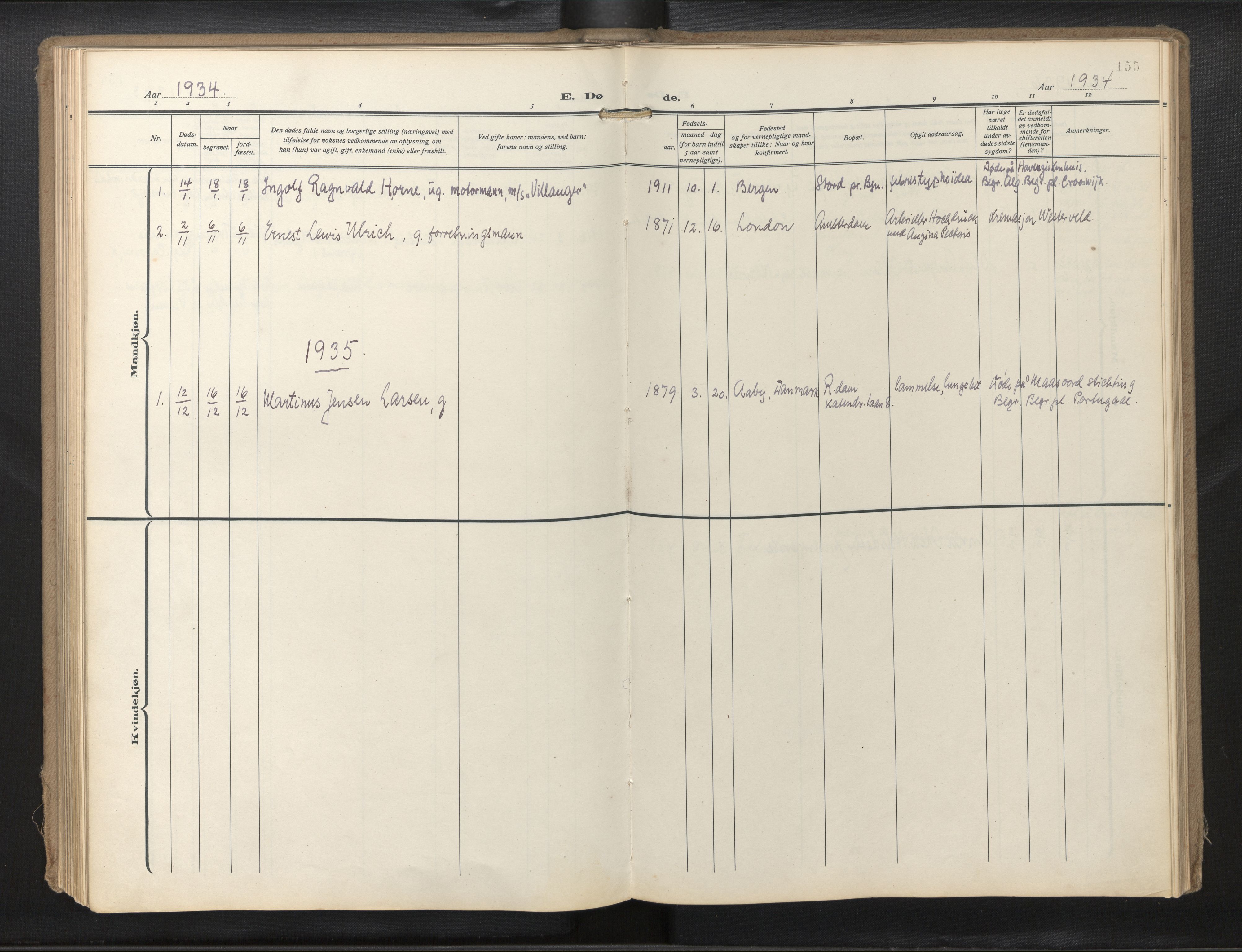 Den norske sjømannsmisjon i utlandet/Hollandske havner (Amsterdam-Rotterdam-Europort), SAB/SAB/PA-0106/H/Ha/Haa/L0004: Parish register (official) no. A 1, 1928-1956, p. 154b-155a